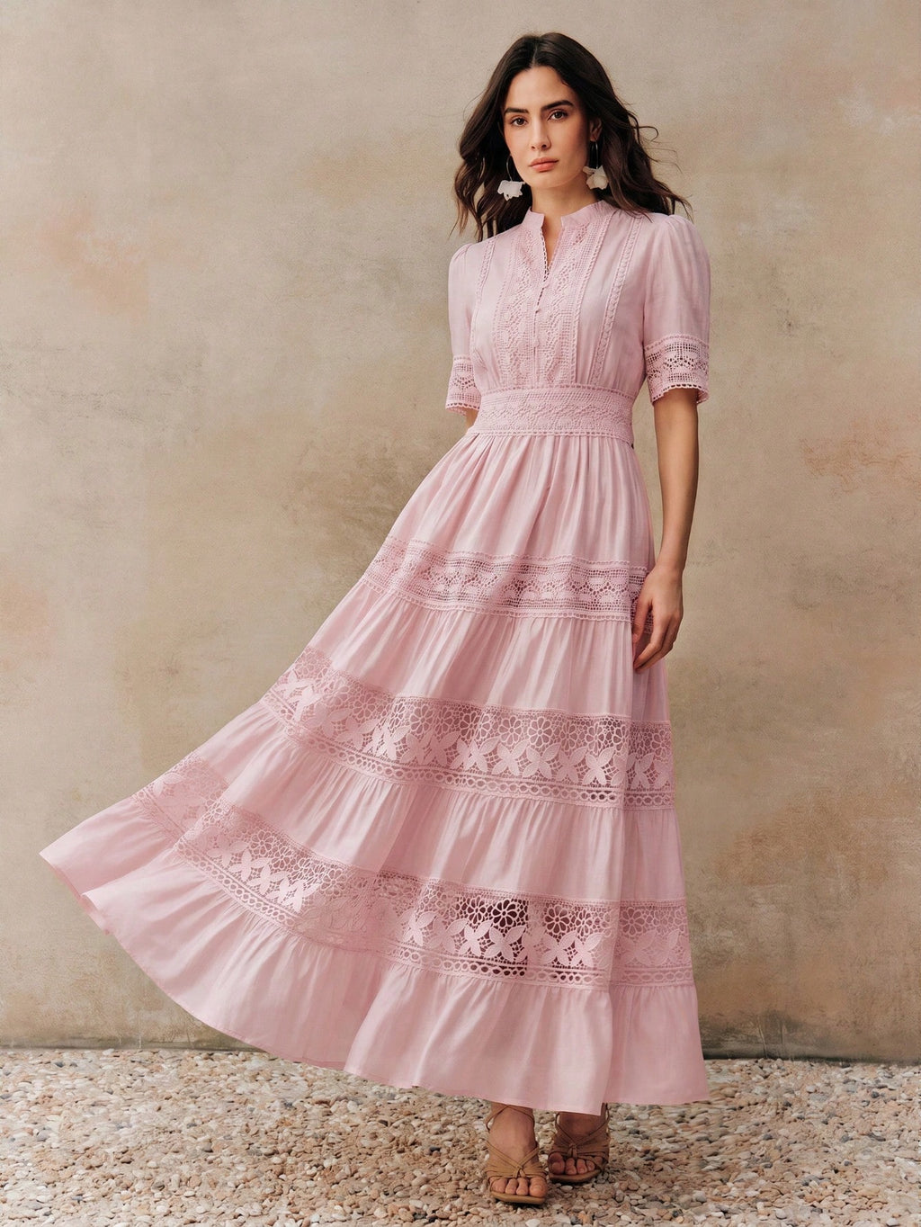 Anewsta Elegant Solid Color Lace Patchwork Round Neck Waist Cinched