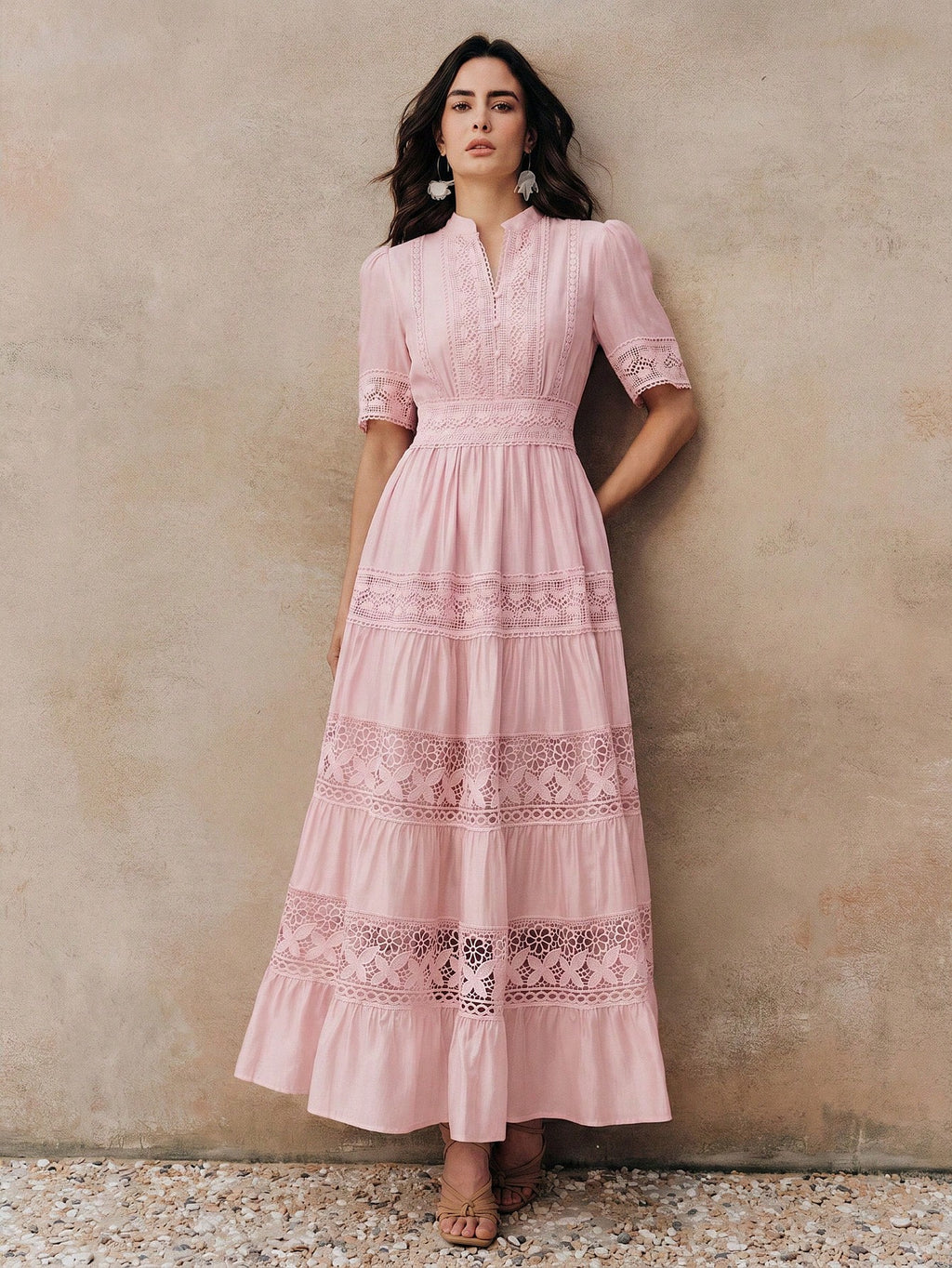 Anewsta Elegant Solid Color Lace Patchwork Round Neck Waist Cinched