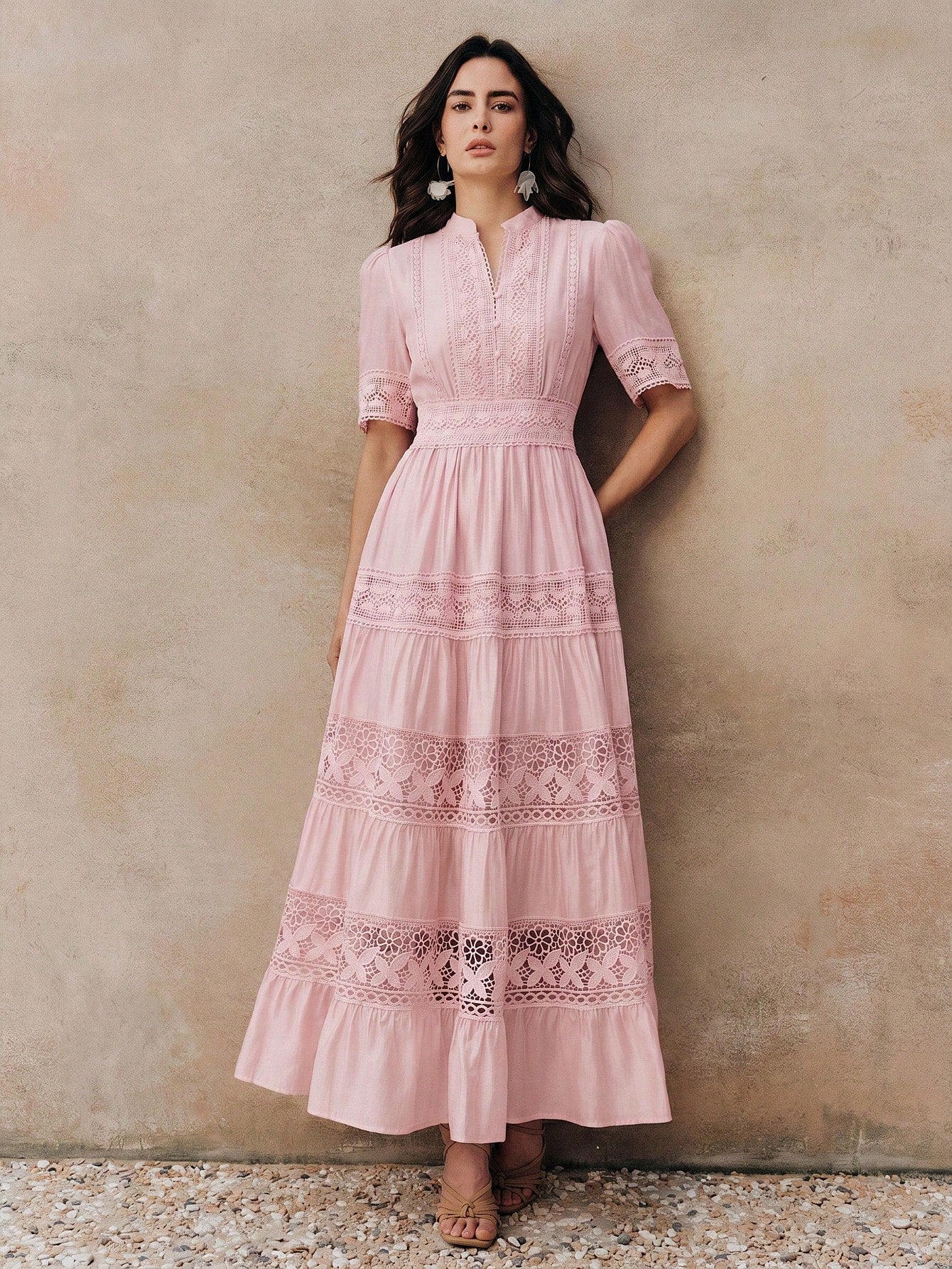 Anewsta Elegant Solid Color Lace Patchwork Round Neck Waist Cinched