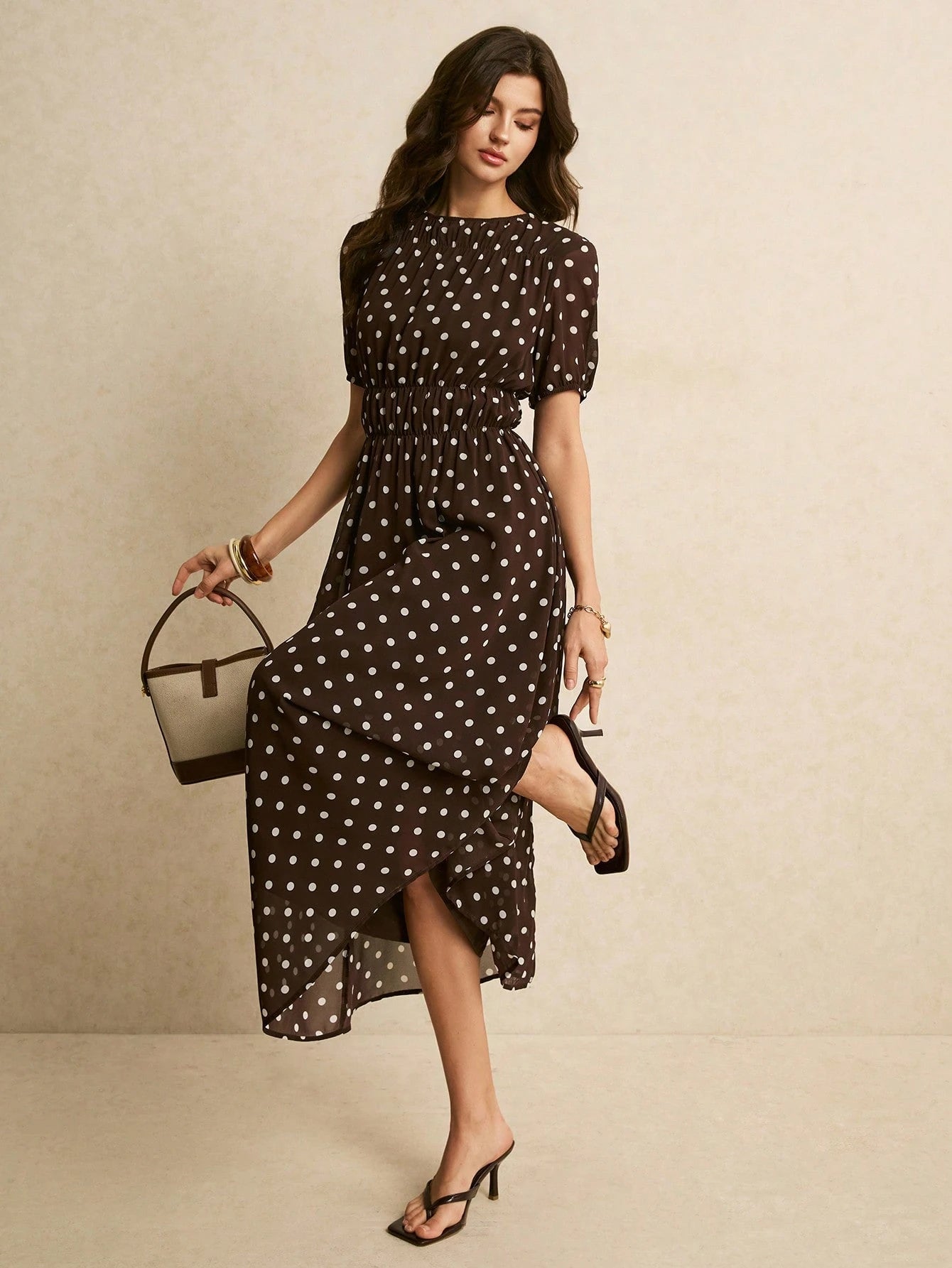 Poéselle Women's Brown And White Polka Dot Summer Classy Elegant