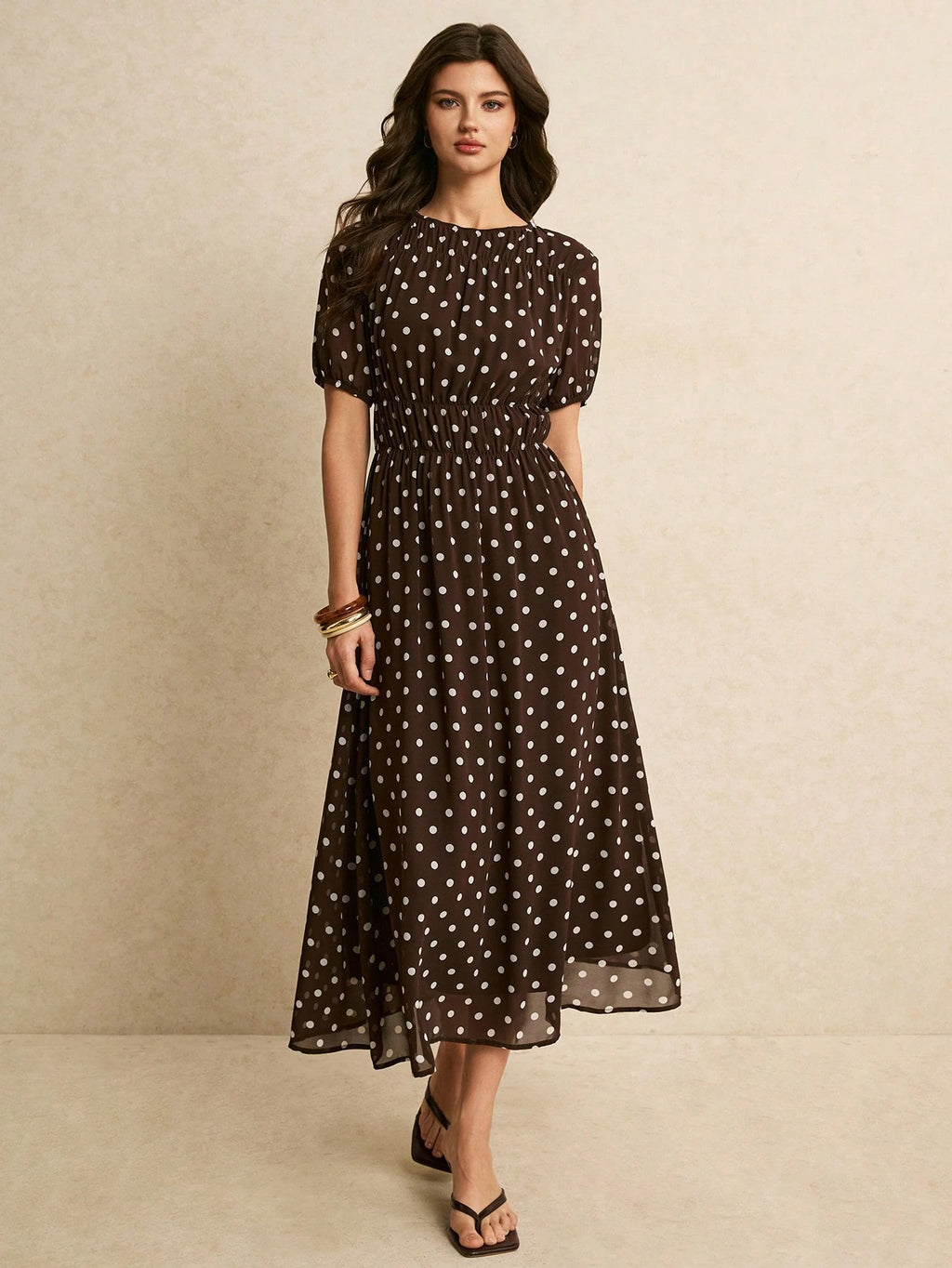 Poéselle Women's Brown And White Polka Dot Summer Classy Elegant