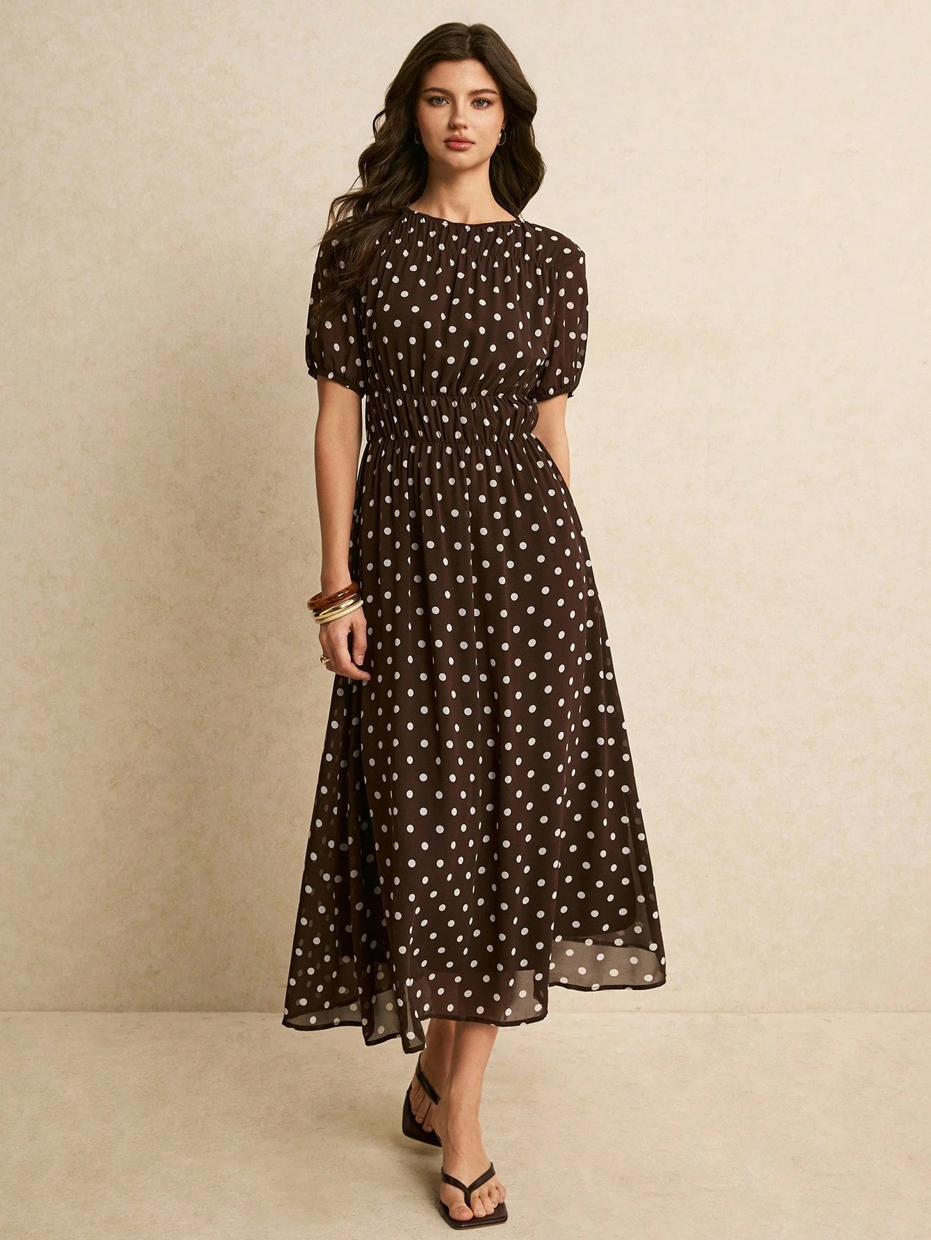 Poéselle Women's Brown And White Polka Dot Summer Classy Elegant