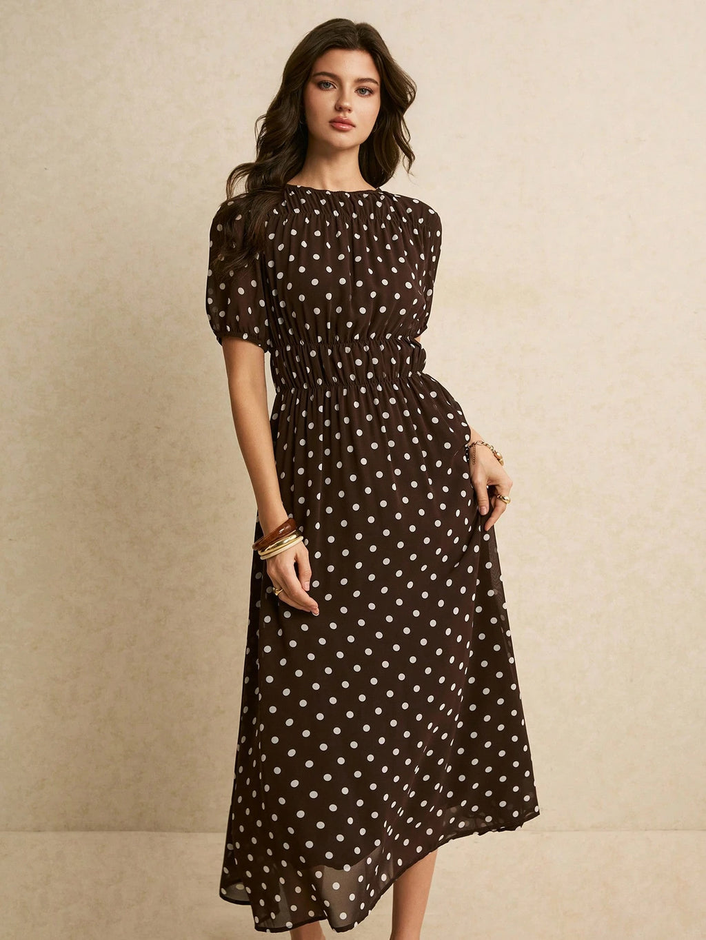 Poéselle Women's Brown And White Polka Dot Summer Classy Elegant