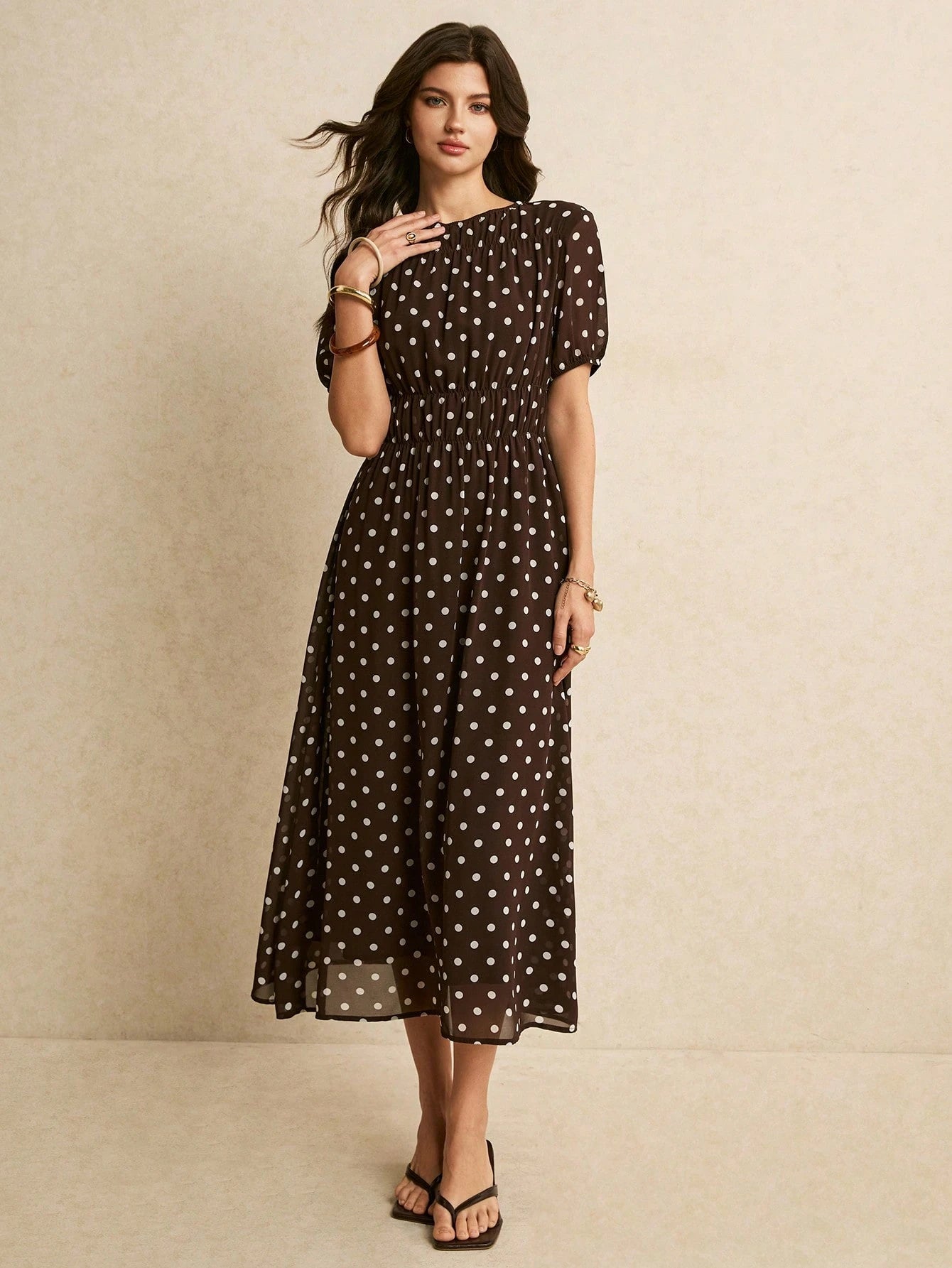 Poéselle Women's Brown And White Polka Dot Summer Classy Elegant
