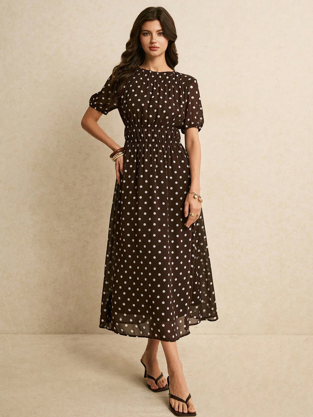 Poéselle Women's Brown And White Polka Dot Summer Classy Elegant
