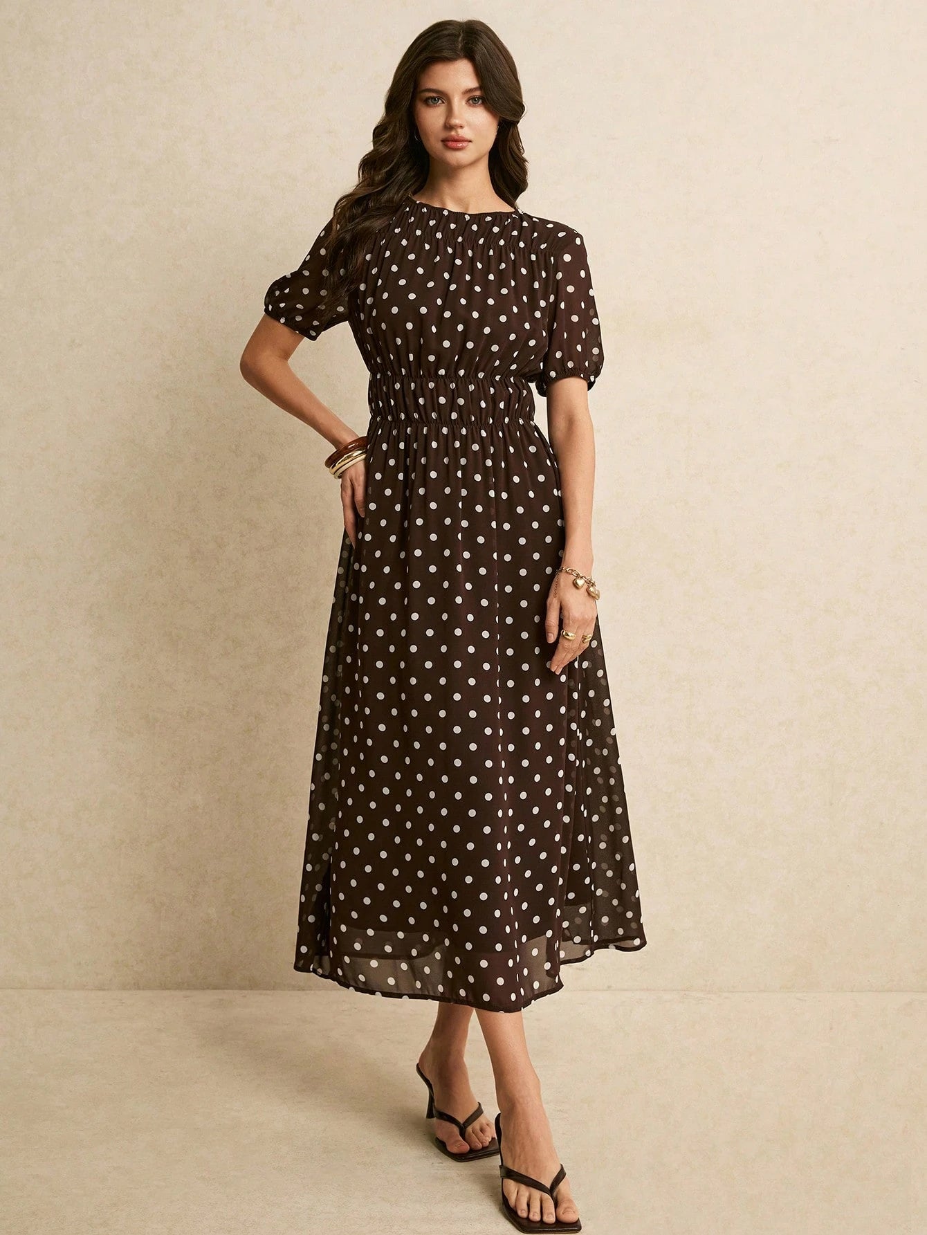 Poéselle Women's Brown And White Polka Dot Summer Classy Elegant