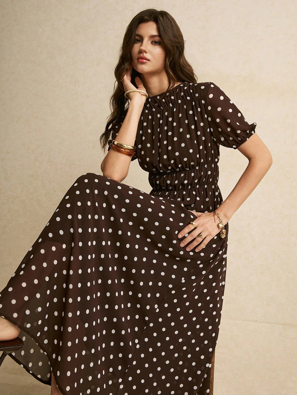 Poéselle Women's Brown And White Polka Dot Summer Classy Elegant
