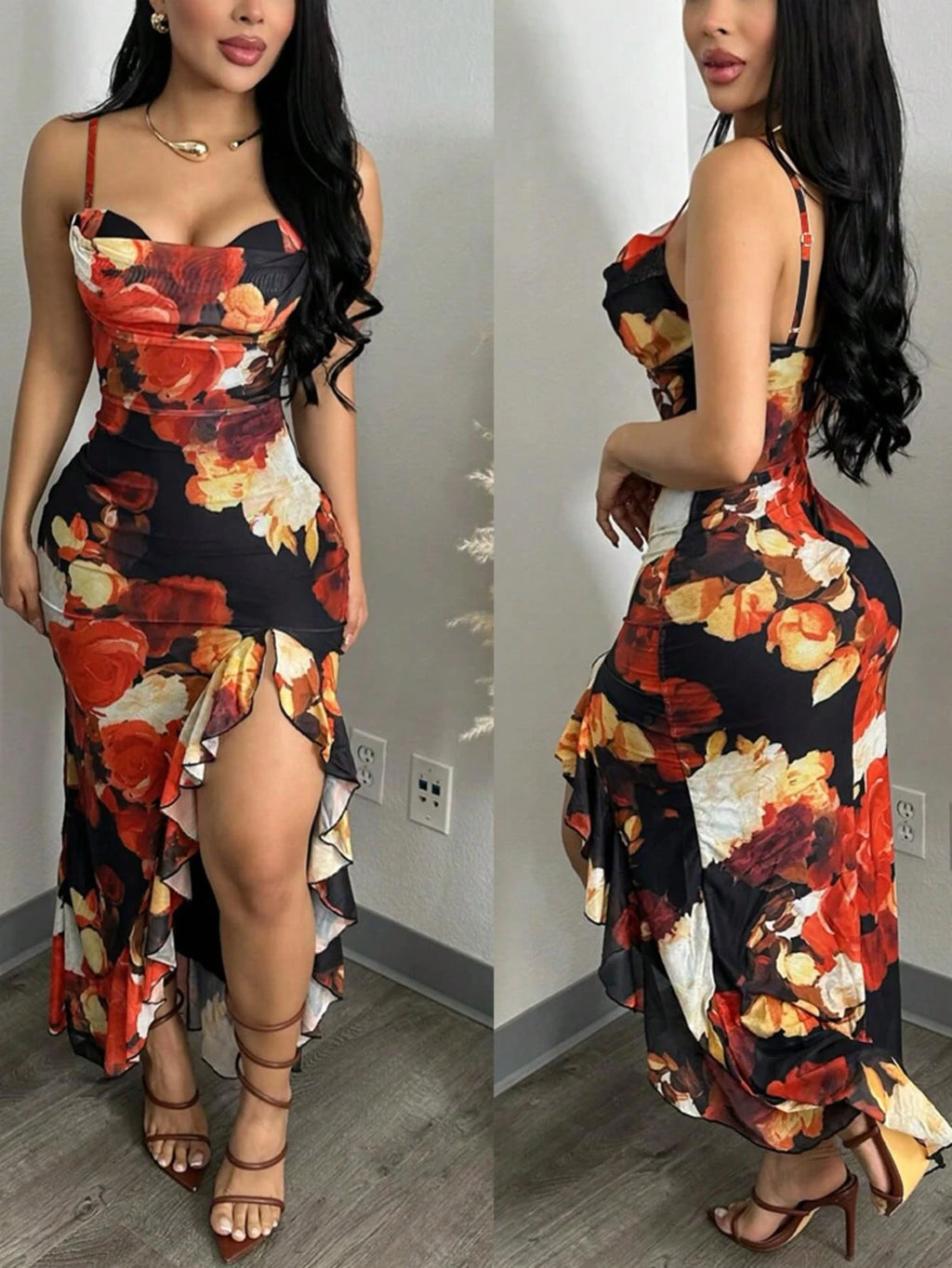 ChicMe Sexy Women's Floral Print Mesh Dress With Ruffle Hem, High Slit, Mermaid Tail, Spaghetti Straps, - image 2