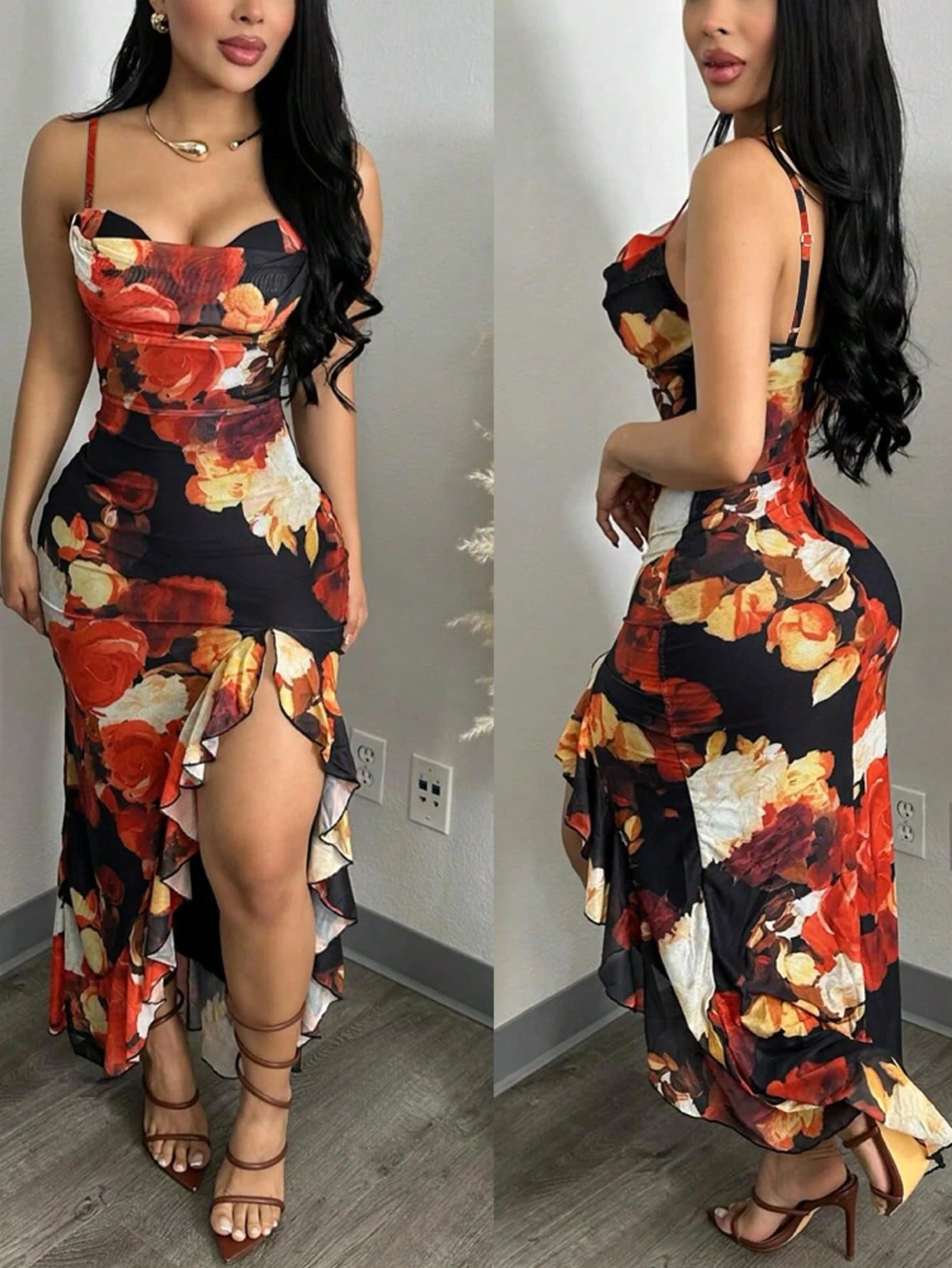 ChicMe Sexy Women's Floral Print Mesh Dress With Ruffle Hem, High Slit, Mermaid Tail, Spaghetti Straps, - image 2