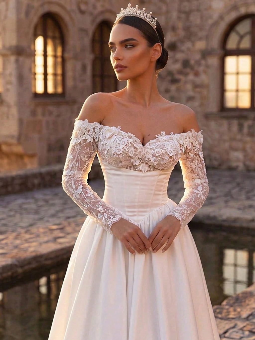 Glamrae White Summer Elegant Silky Formal Wedding Luxurious Embroidered Lace Sequin Floral Off-Shoulder Petal - image 2
