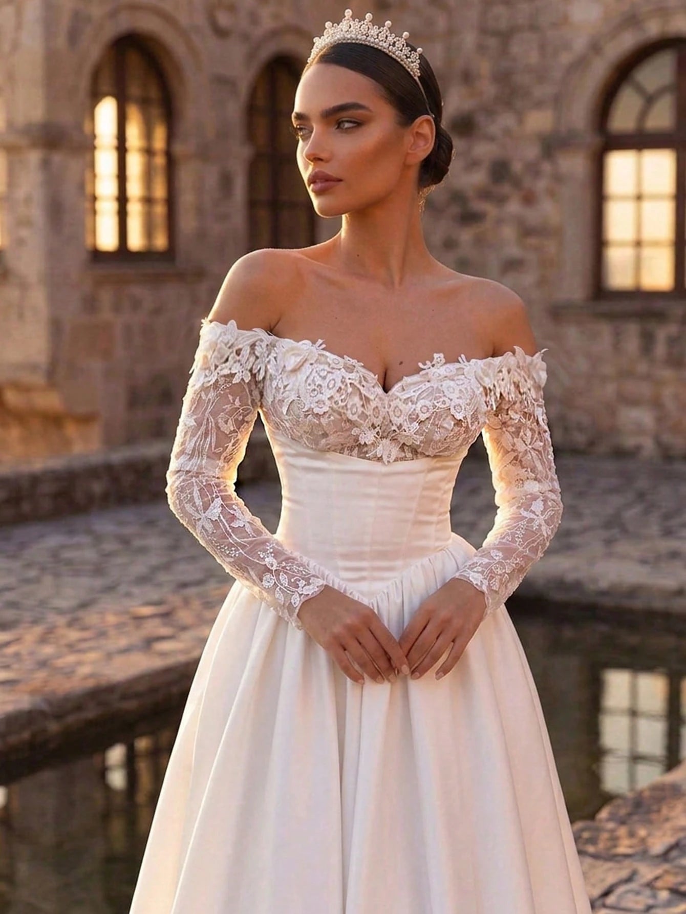 Glamrae White Summer Elegant Silky Formal Wedding Luxurious Embroidered Lace Sequin Floral Off-Shoulder Petal - image 2