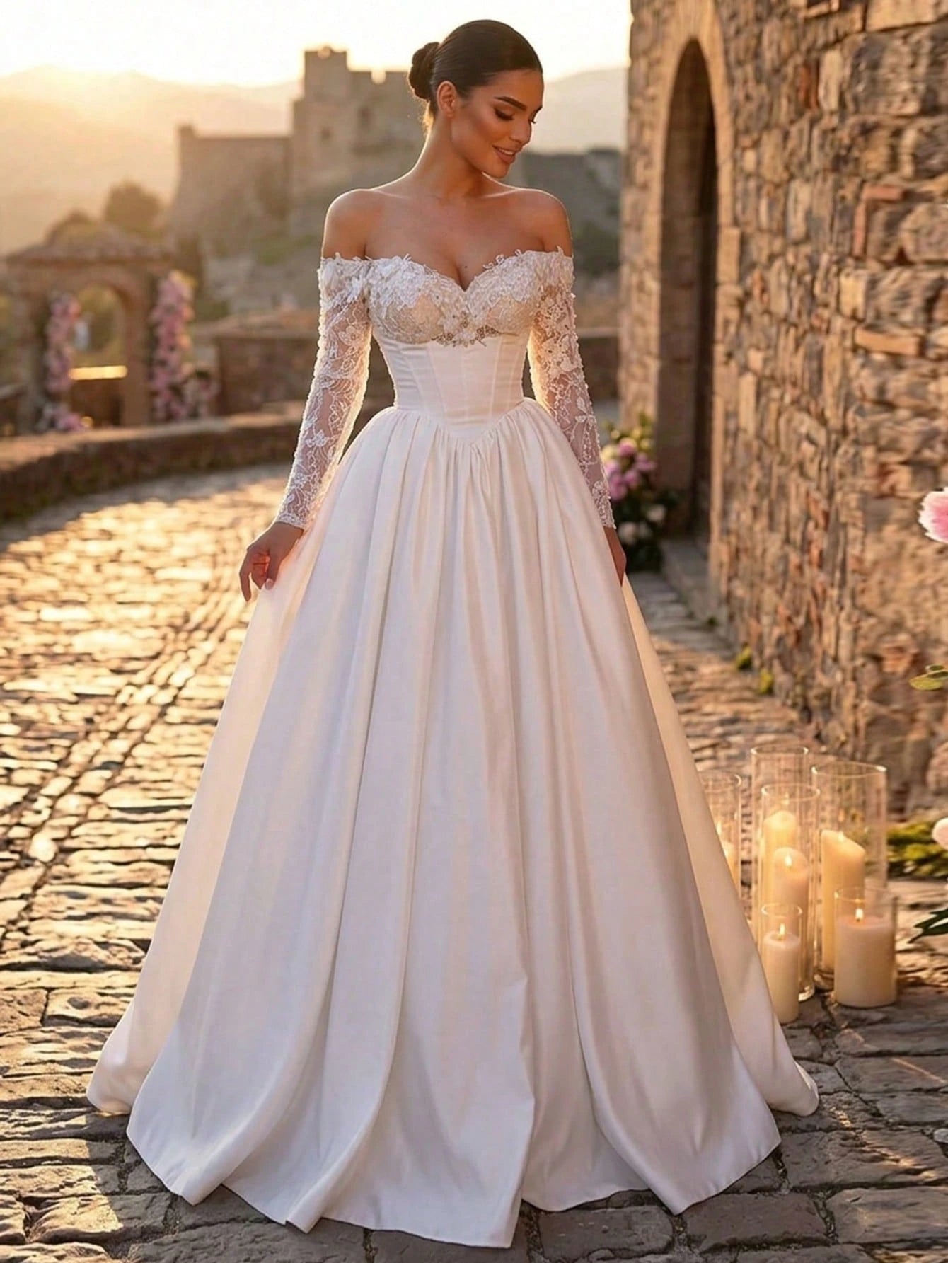 Glamrae White Summer Elegant Silky Formal Wedding Luxurious Embroidered Lace Sequin Floral Off-Shoulder Petal