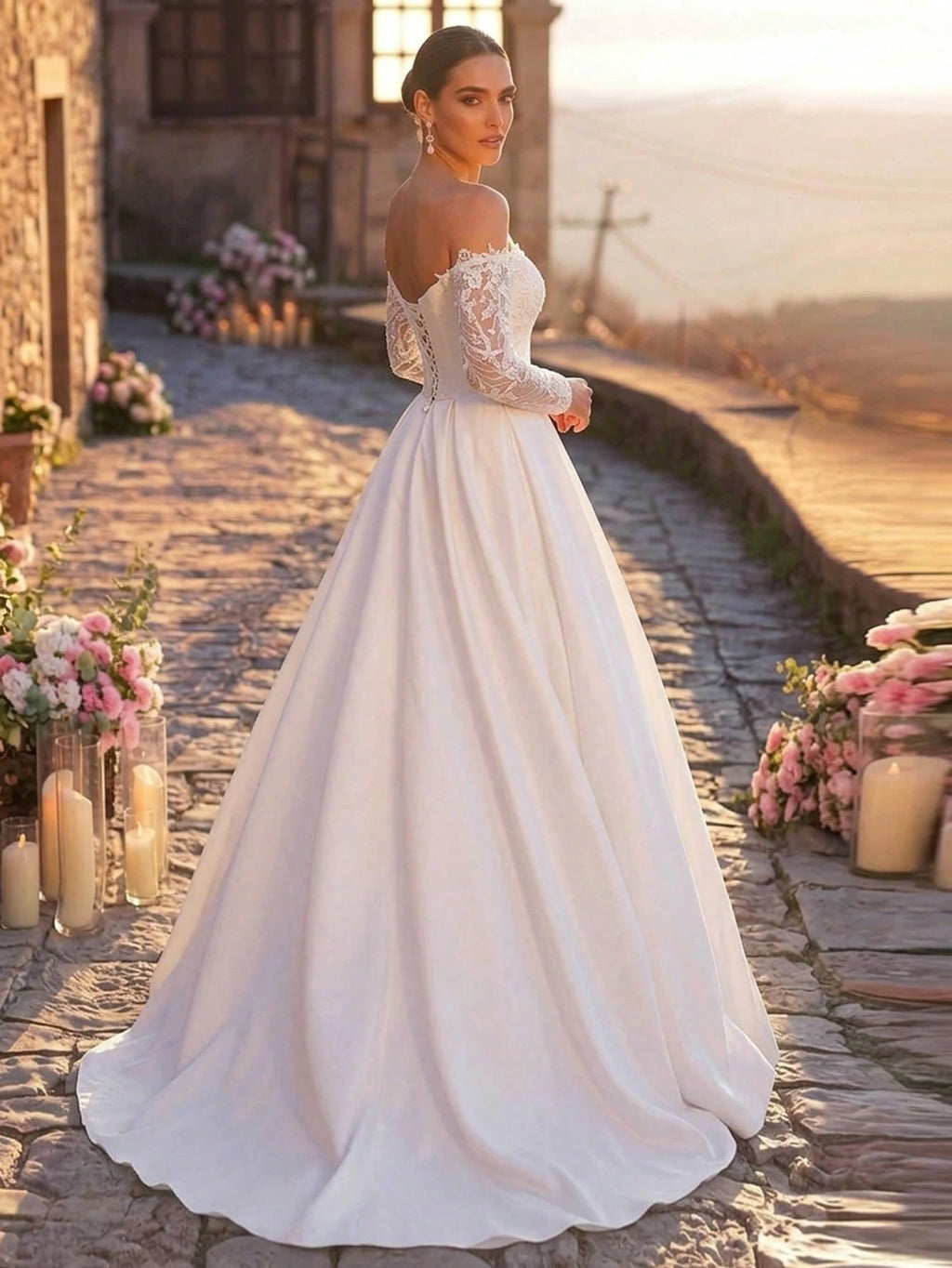 Glamrae White Summer Elegant Silky Formal Wedding Luxurious Embroidered Lace Sequin Floral Off-Shoulder Petal - image 3