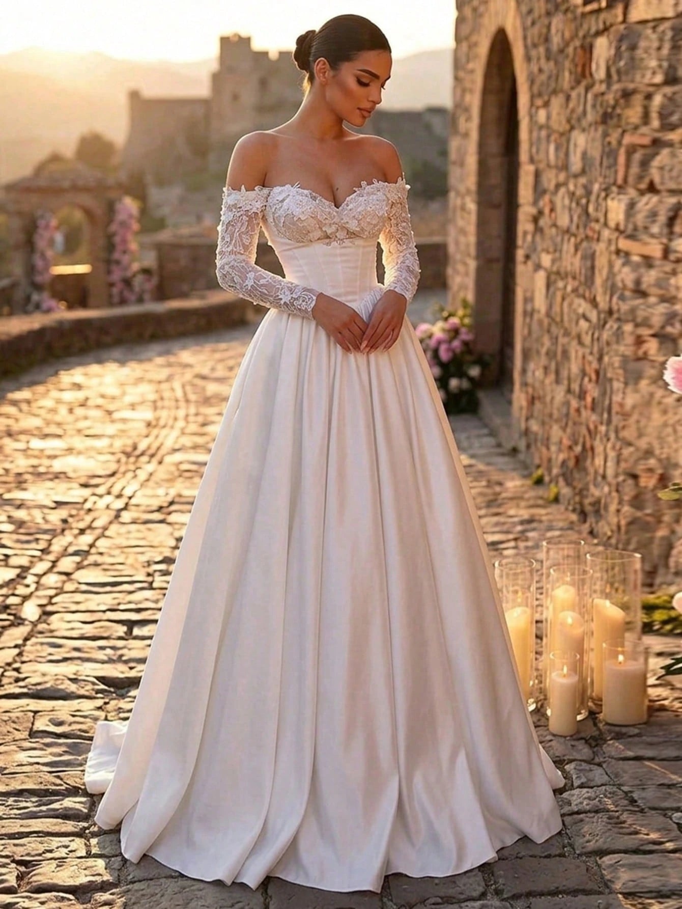 Glamrae White Summer Elegant Silky Formal Wedding Luxurious Embroidered Lace Sequin Floral Off-Shoulder Petal - image 5