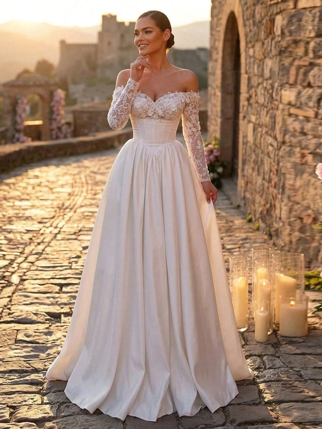 Glamrae White Summer Elegant Silky Formal Wedding Luxurious Embroidered Lace Sequin Floral Off-Shoulder Petal - image 6
