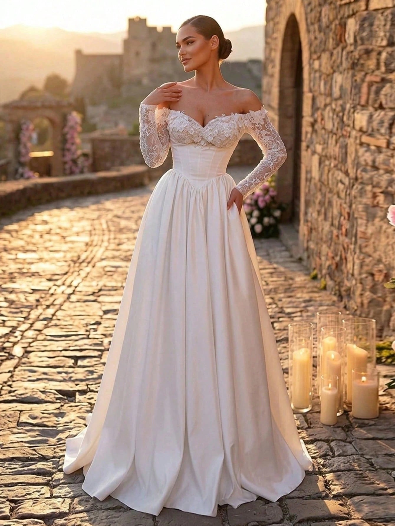 Glamrae White Summer Elegant Silky Formal Wedding Luxurious Embroidered Lace Sequin Floral Off-Shoulder Petal - image 7