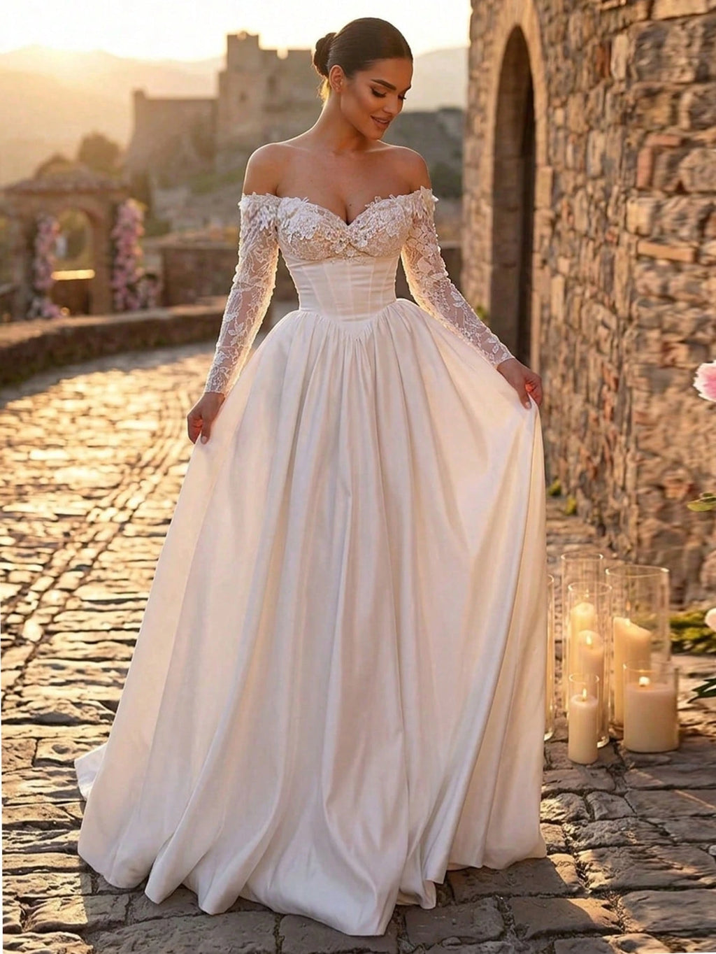 Glamrae White Summer Elegant Silky Formal Wedding Luxurious Embroidered Lace Sequin Floral Off-Shoulder Petal - image 8