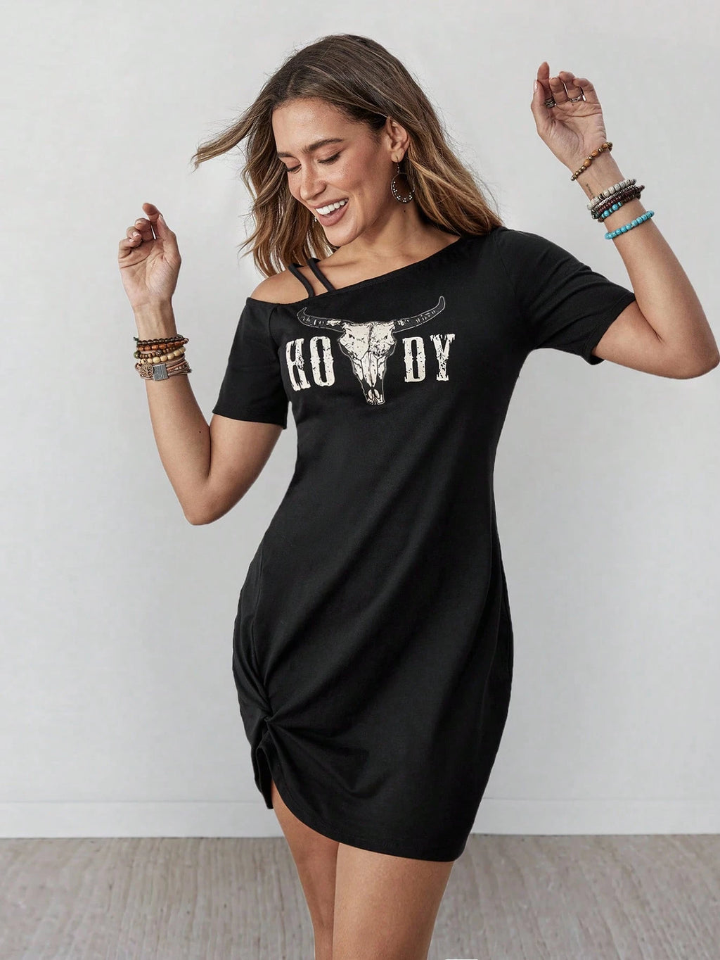 Wildy Women's Summer Casual Country Western Graphic Mini Dress,Black
