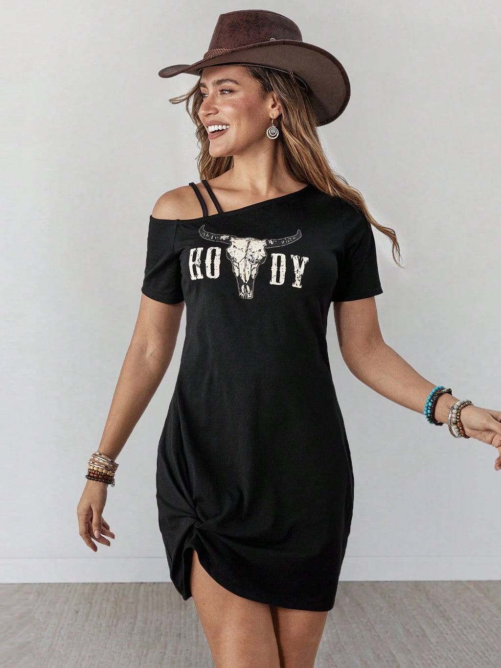 Wildy Women's Summer Casual Country Western Graphic Mini Dress,Black