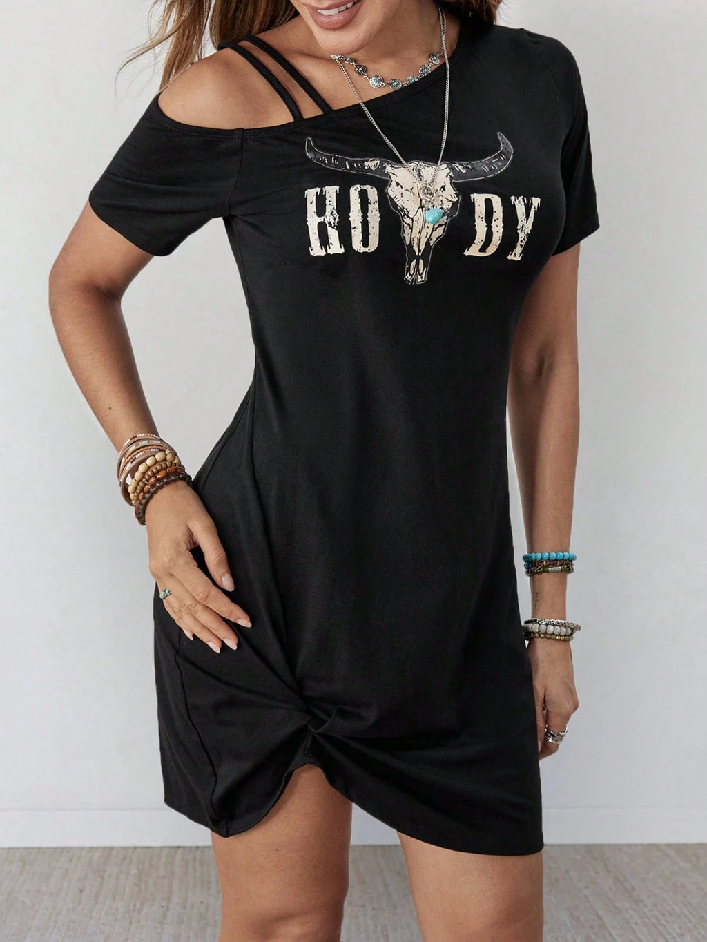 Wildy Women's Summer Casual Country Western Graphic Mini Dress,Black
