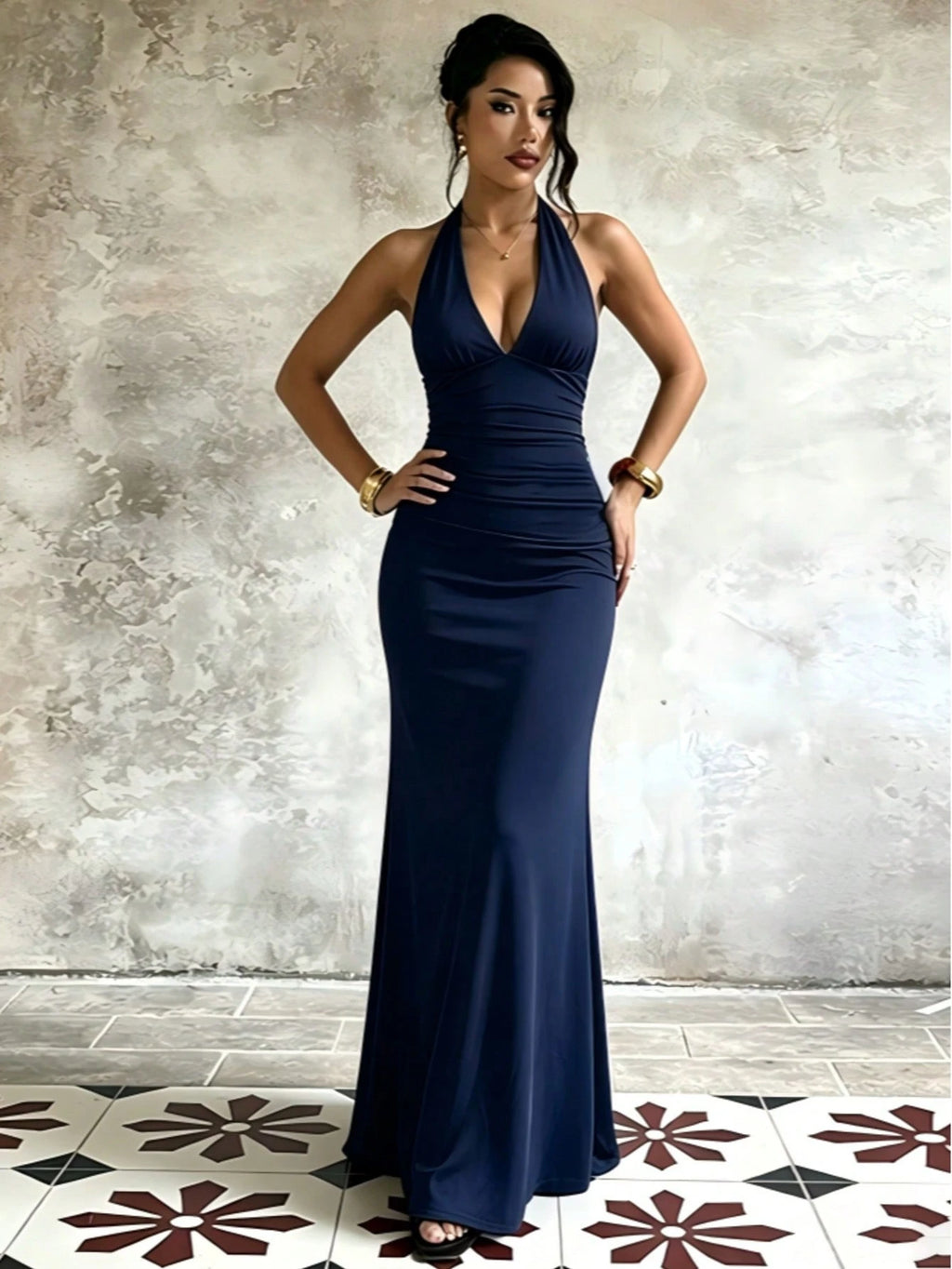 Women's Sleeveless Deep V Neck Knitted Fabric Fitted Long Dress With
