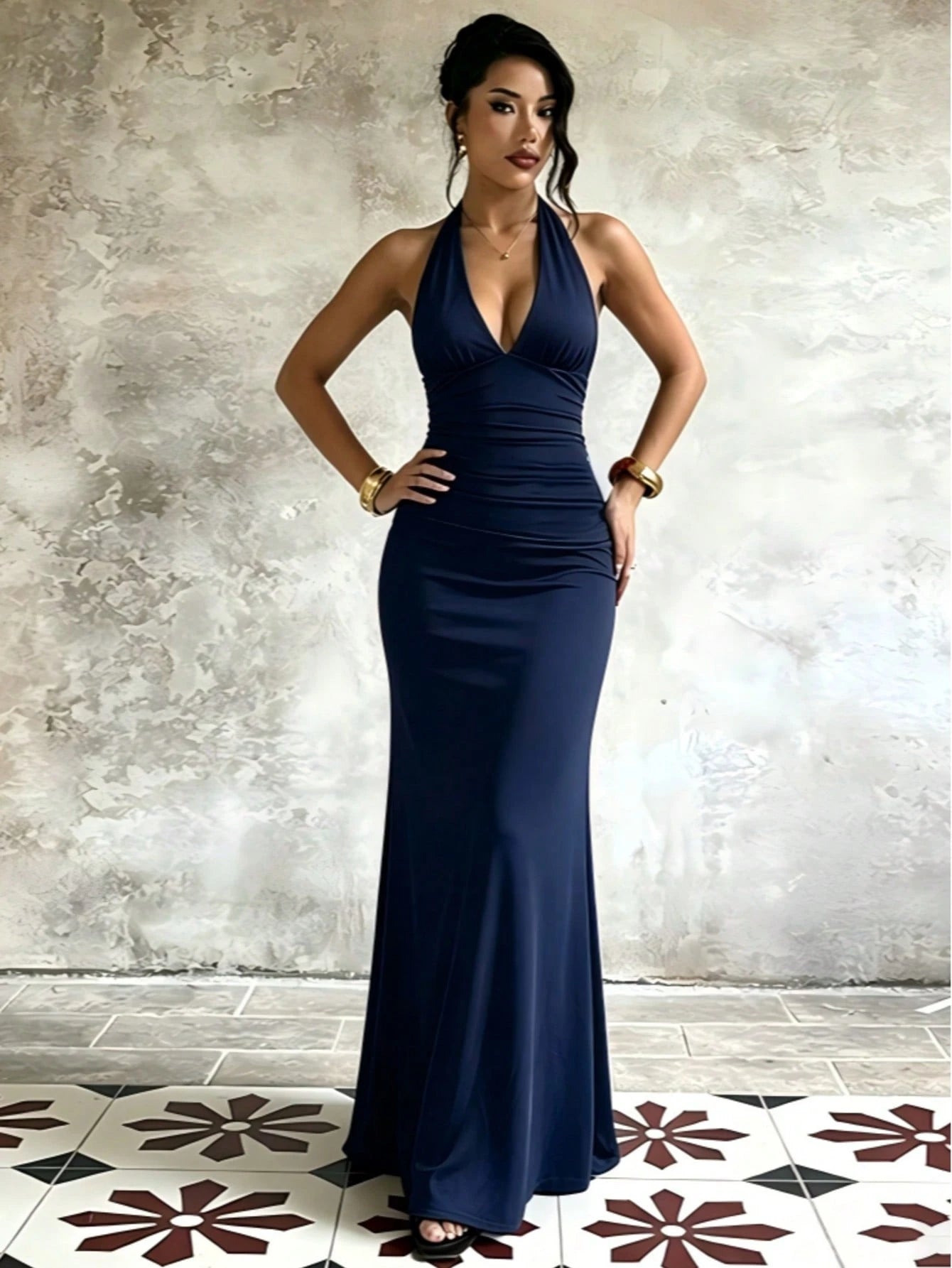 Women's Sleeveless Deep V Neck Knitted Fabric Fitted Long Dress With