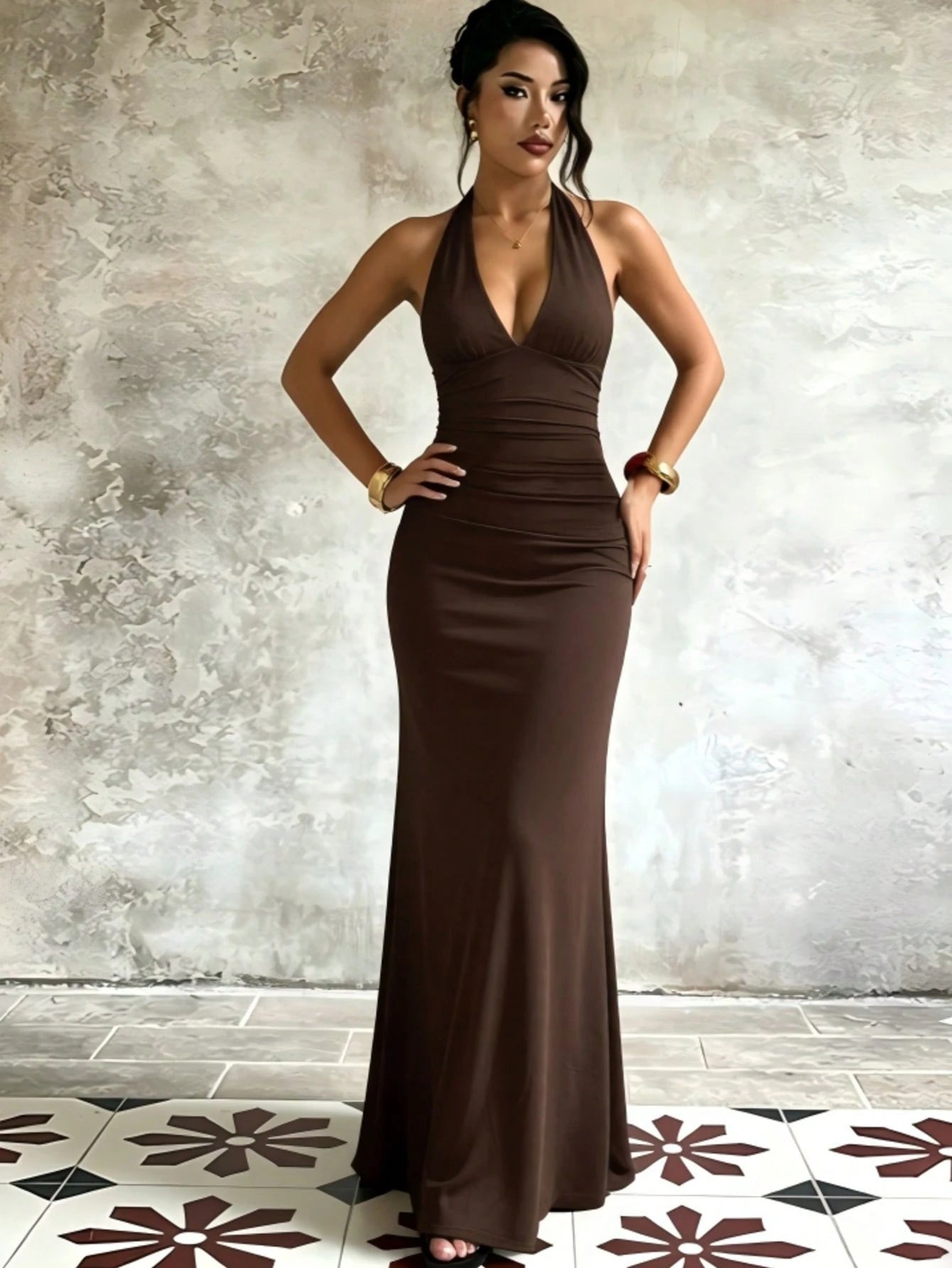 Women's Sleeveless Deep V Neck Knitted Fabric Fitted Long Dress With