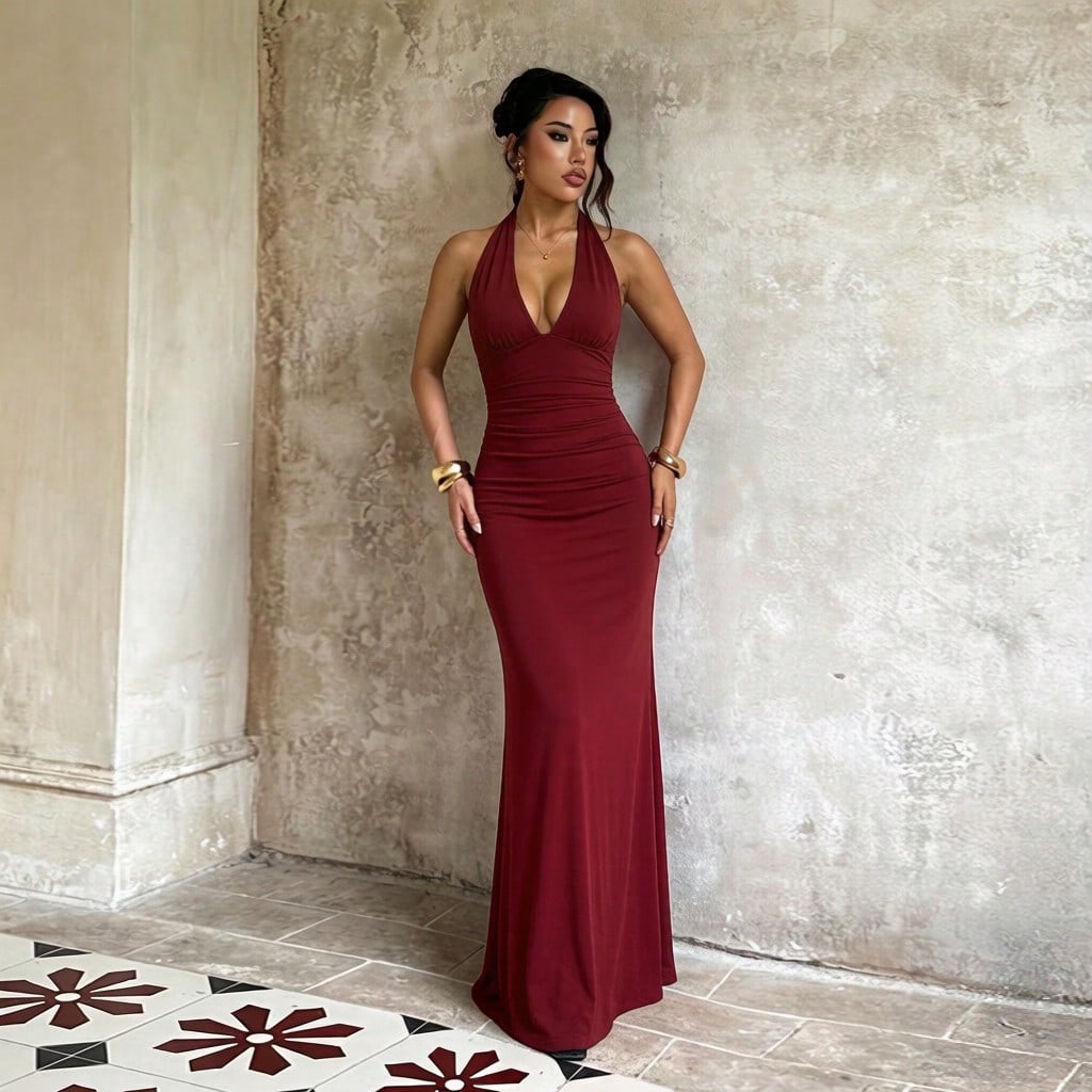 Women's Sleeveless Deep V Neck Knitted Fabric Fitted Long Dress With