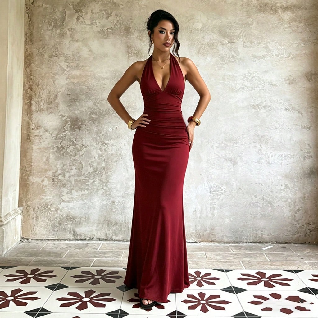 Women's Sleeveless Deep V Neck Knitted Fabric Fitted Long Dress With