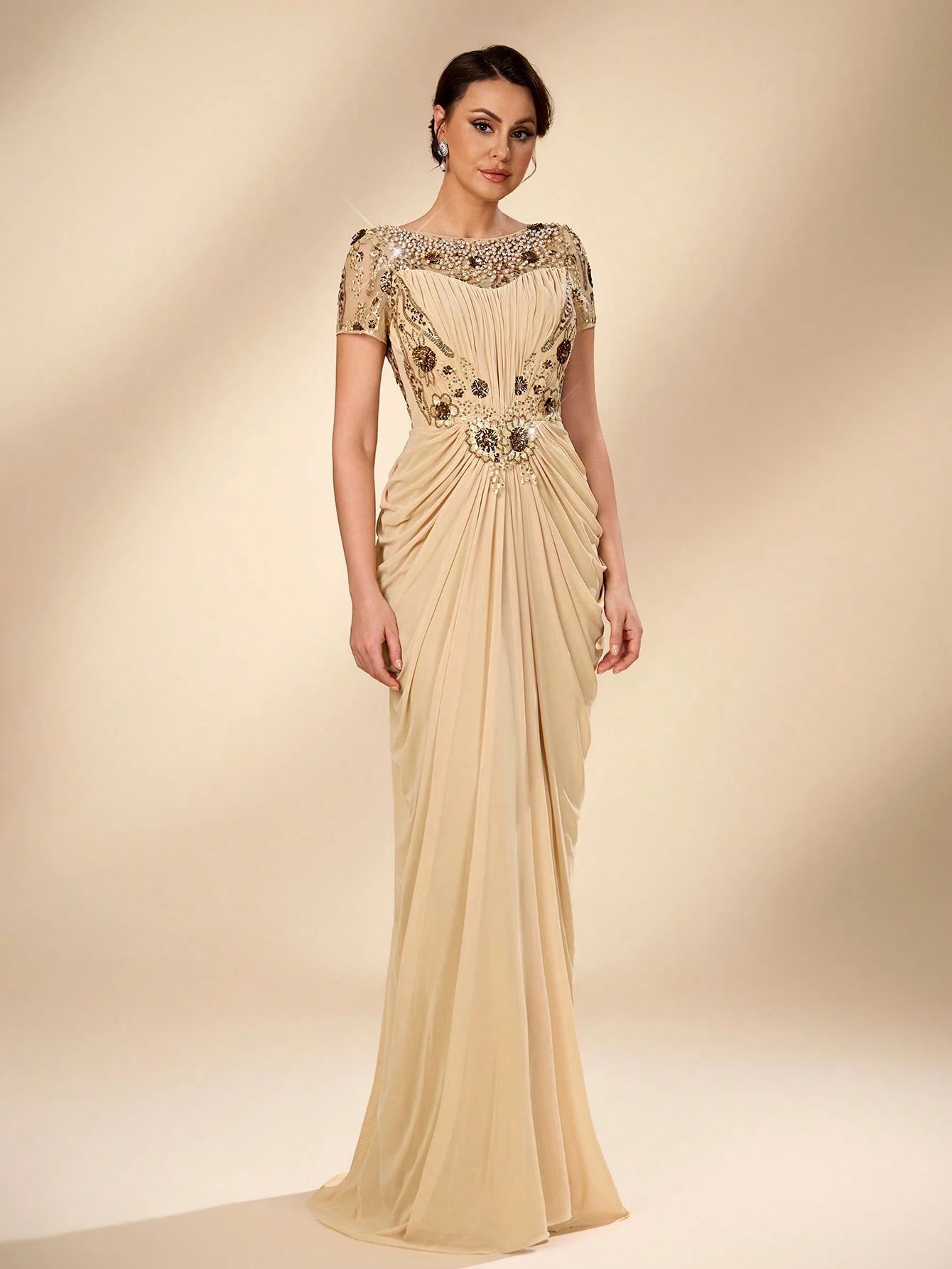 Serin Elegant Champagne Gold Winter Maxi Dress,Luxurious Beaded Lace Applique Mesh Ruched Sleeve Formal Gowns - image 9
