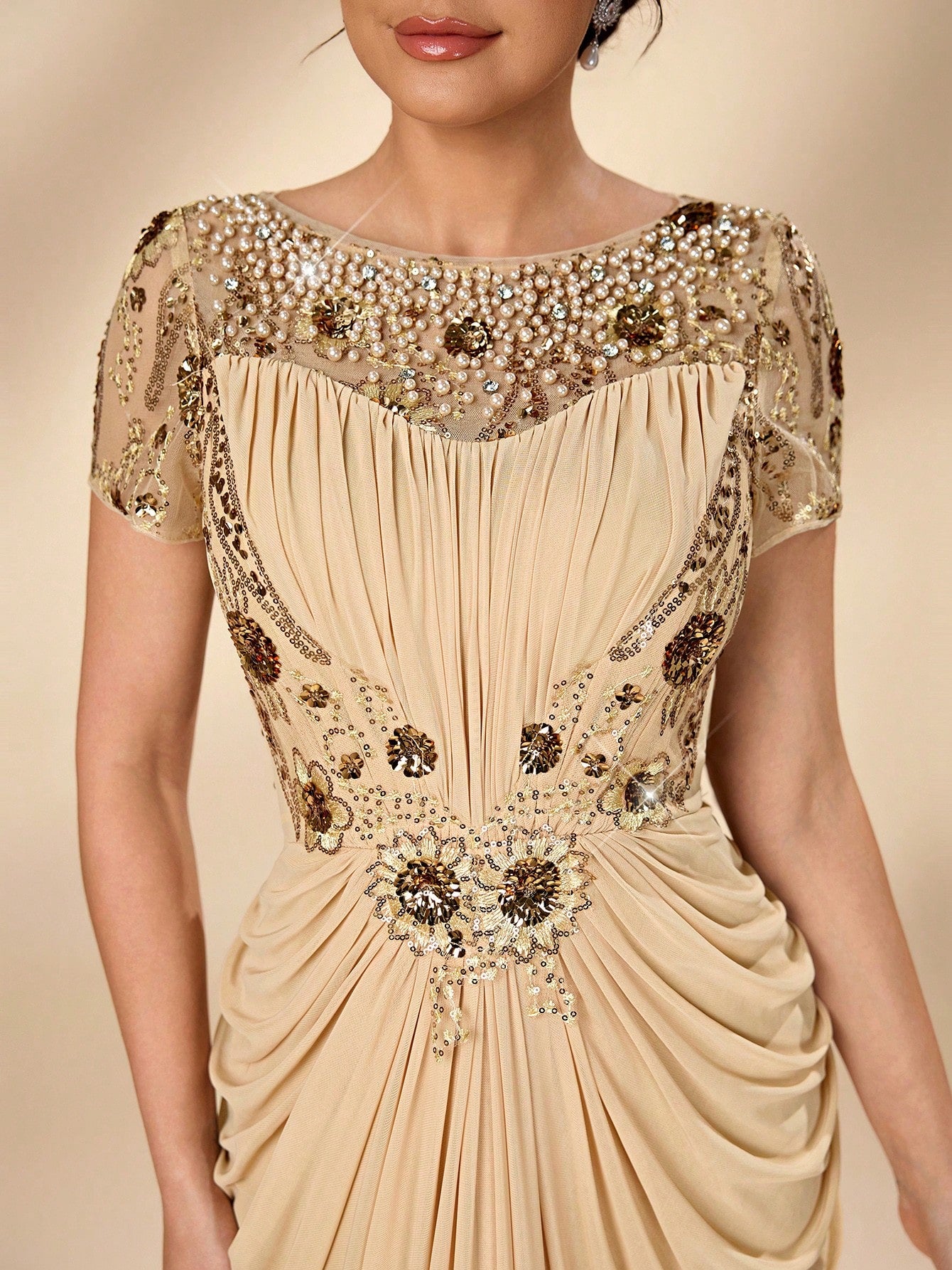Serin Elegant Champagne Gold Winter Maxi Dress,Luxurious Beaded Lace Applique Mesh Ruched Sleeve Formal Gowns - image 8