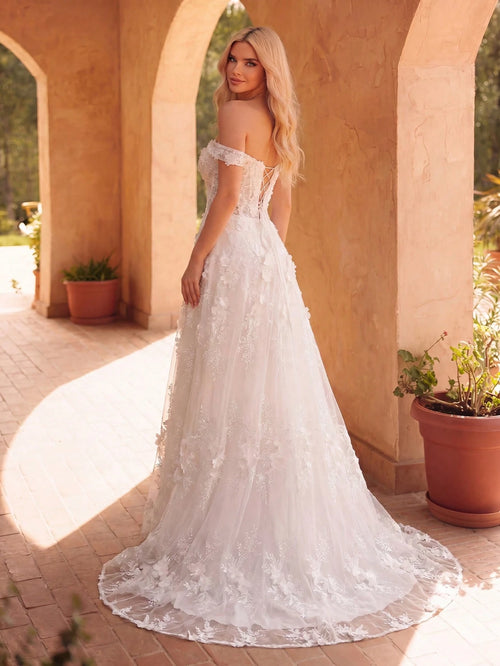 Faeriesty Elegant Lace Off-Shoulder Wedding Dress With Floral Appliques, Floor-Length Gown - Graceful Bridal - image 2
