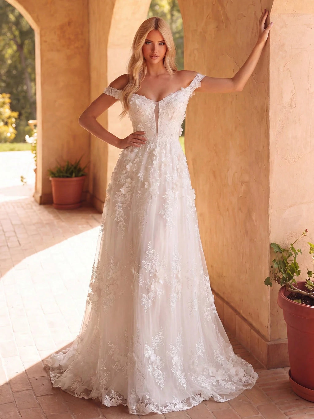 Faeriesty Elegant Lace Off-Shoulder Wedding Dress With Floral Appliques, Floor-Length Gown - Graceful Bridal