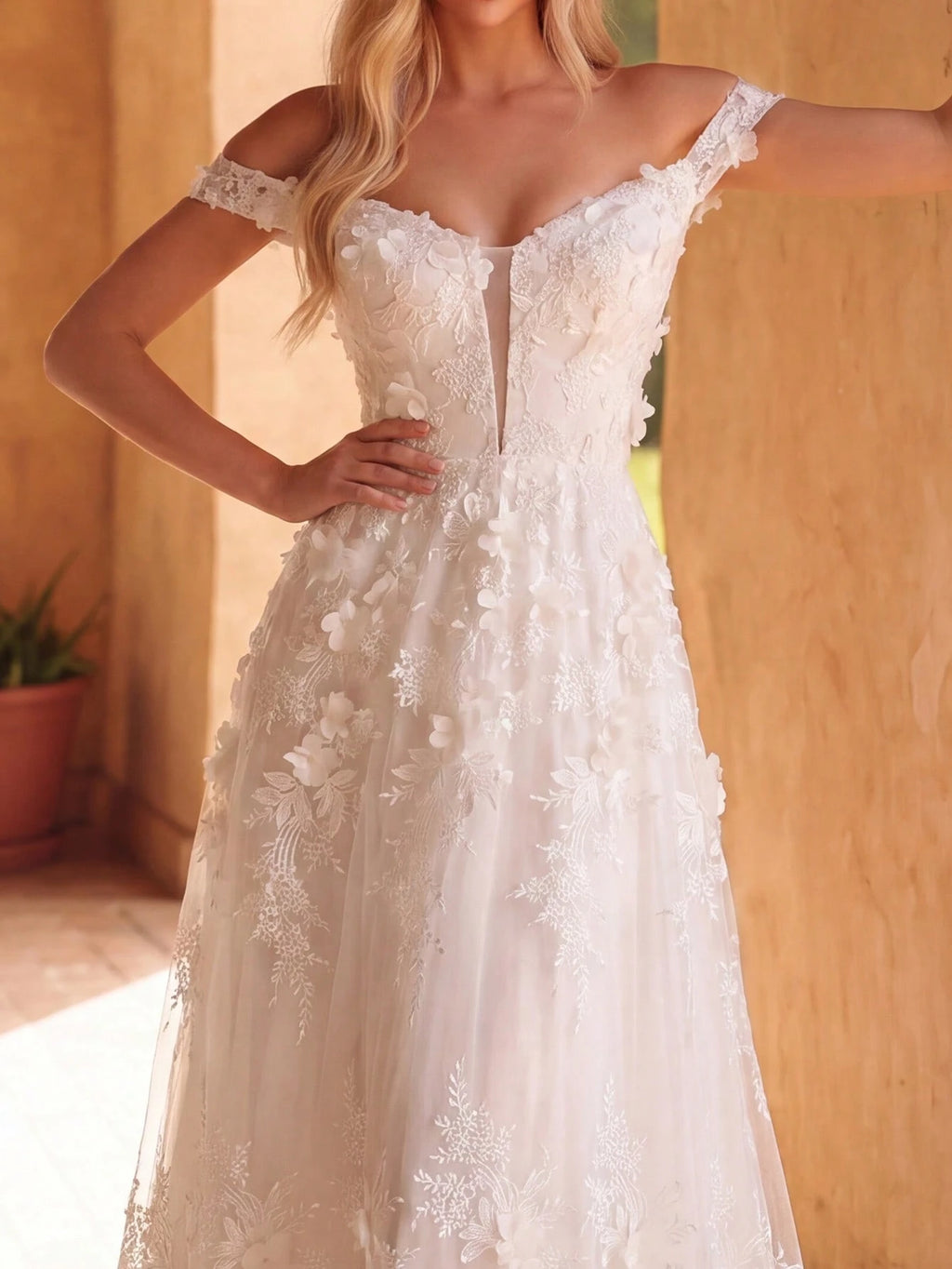Faeriesty Elegant Lace Off-Shoulder Wedding Dress With Floral Appliques, Floor-Length Gown - Graceful Bridal - image 4