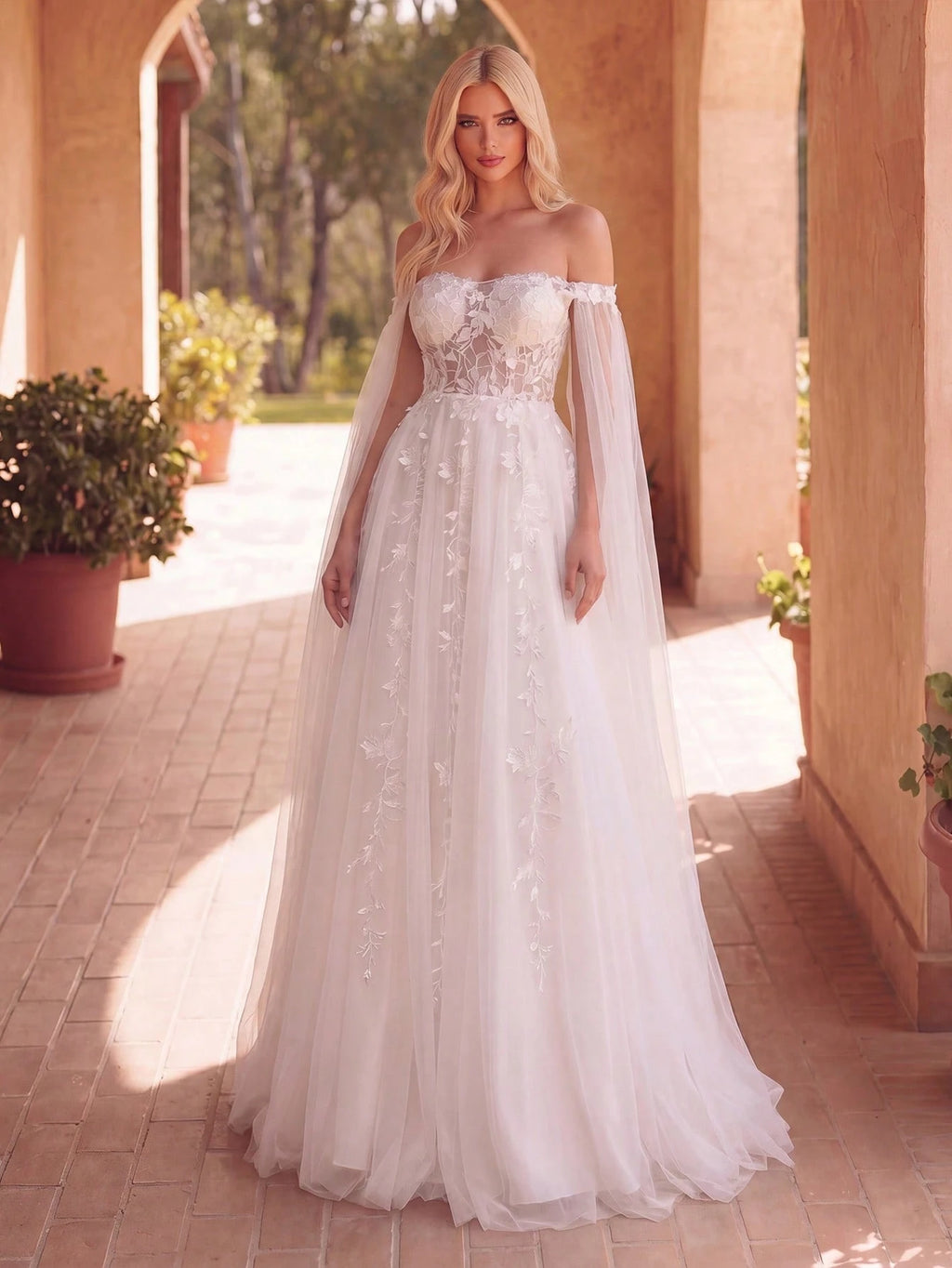 Faeriesty Elegant Open Shoulder Wedding Dress With Sheer Chiffon Shawl Sleeves And Delicate Floral Appliques - image 3