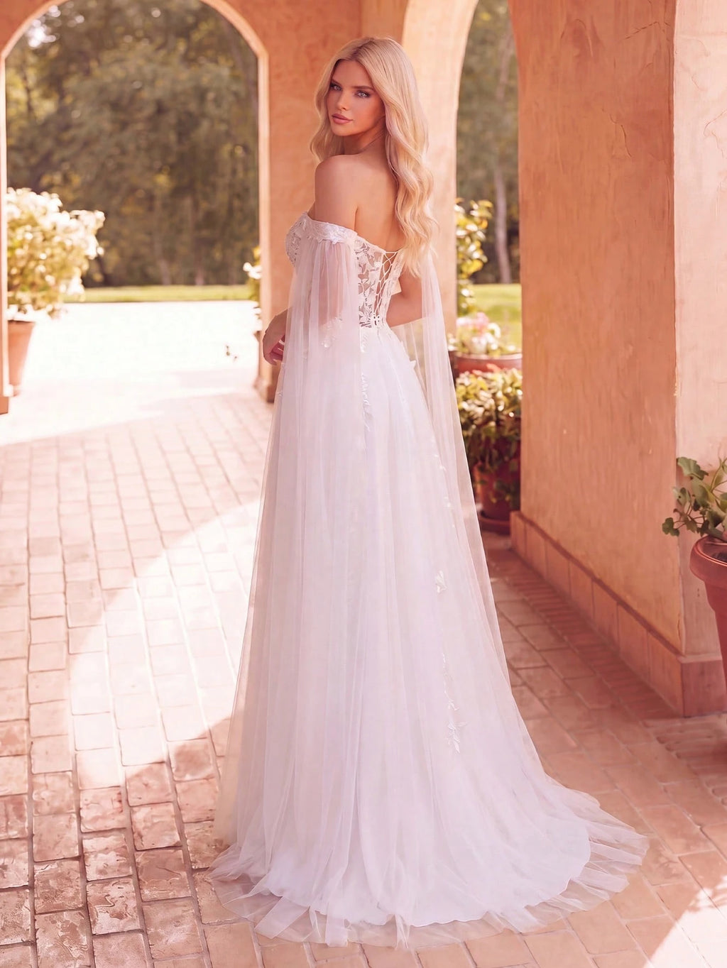 Faeriesty Elegant Open Shoulder Wedding Dress With Sheer Chiffon Shawl Sleeves And Delicate Floral Appliques - image 2