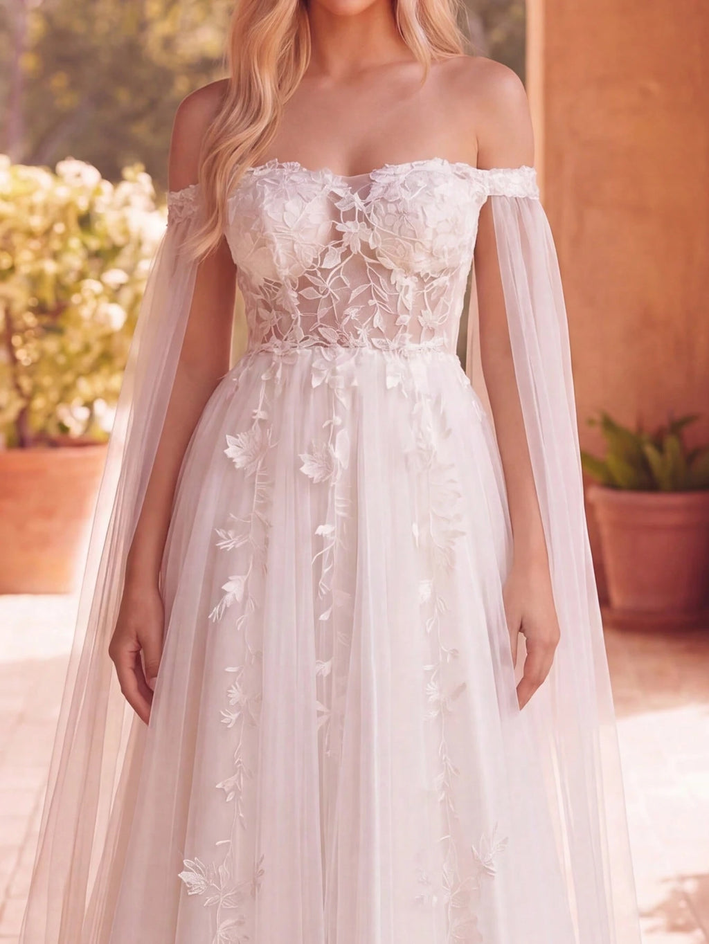 Faeriesty Elegant Open Shoulder Wedding Dress With Sheer Chiffon Shawl Sleeves And Delicate Floral Appliques - image 4
