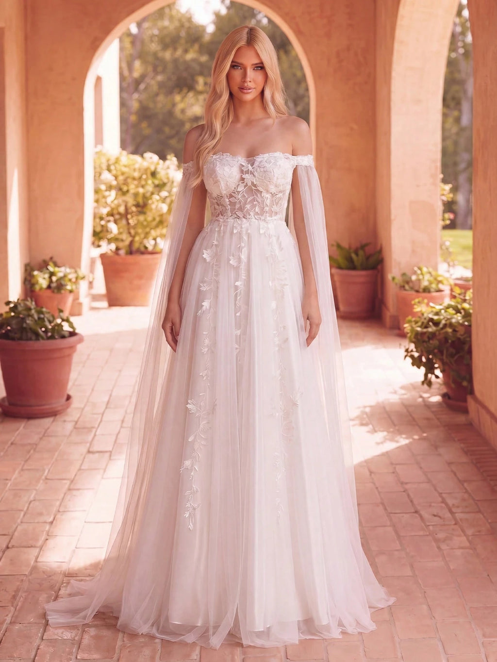Faeriesty Elegant Open Shoulder Wedding Dress With Sheer Chiffon Shawl Sleeves And Delicate Floral Appliques