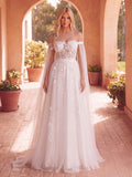 Faeriesty Elegant Open Shoulder Wedding Dress With Sheer Chiffon Shawl Sleeves And Delicate Floral Appliques