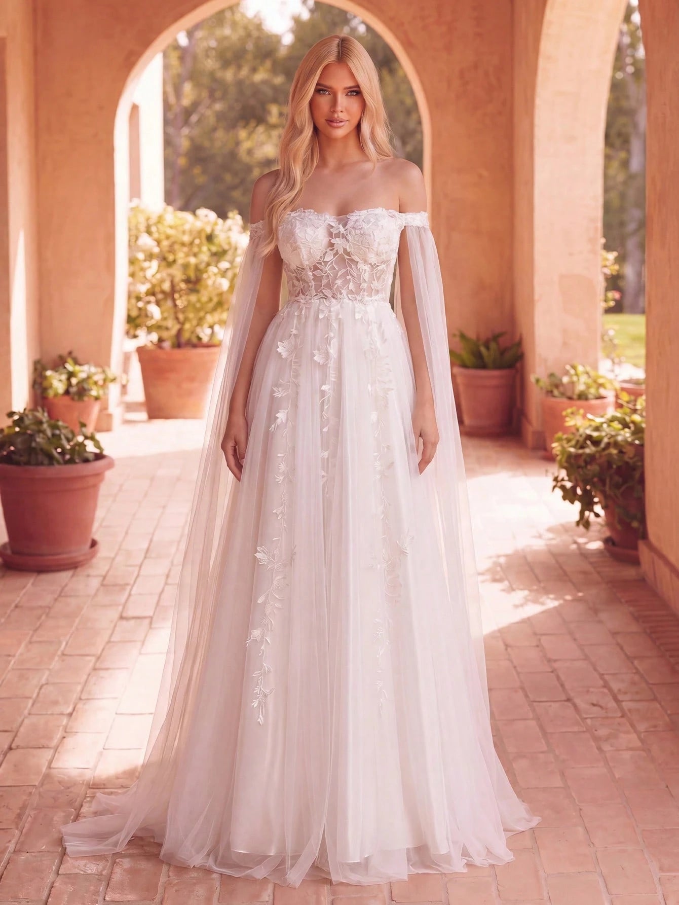 Faeriesty Elegant Open Shoulder Wedding Dress With Sheer Chiffon Shawl Sleeves And Delicate Floral Appliques