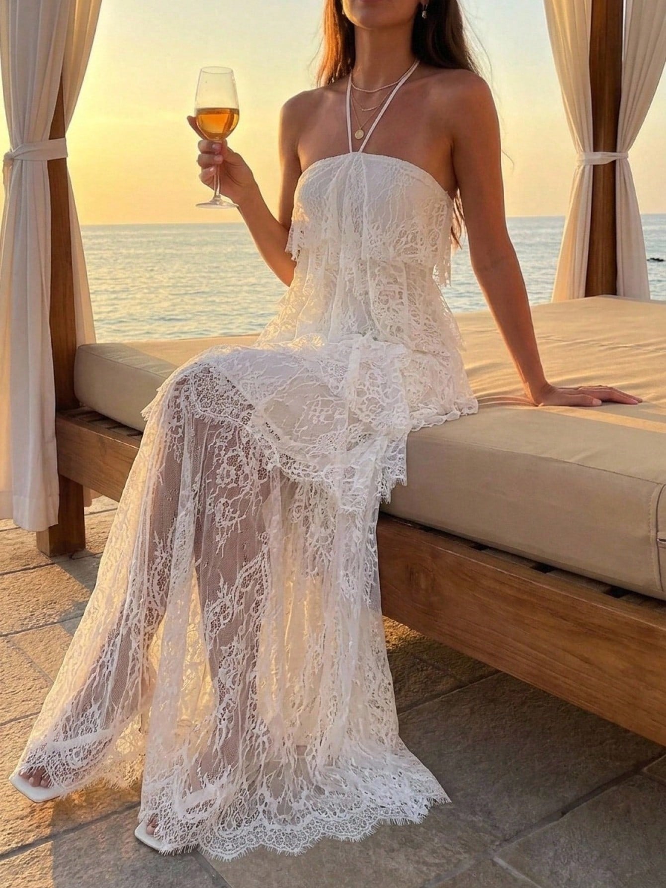Aloruh Women's Elegant White Floral Lace Patchwork Maxi Dress,Modest White Tiered Cake Dress For - image 8