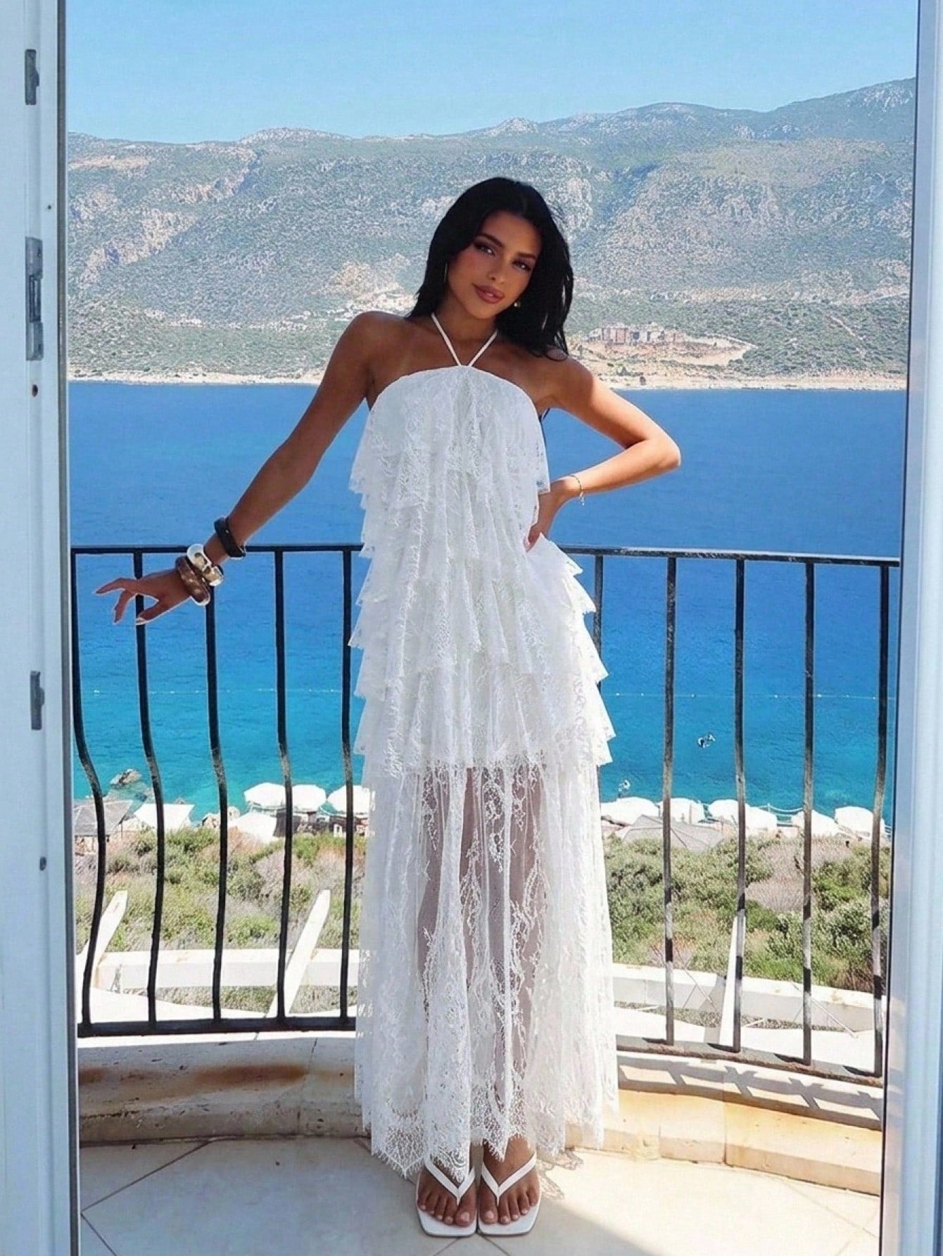 Aloruh Women's Elegant White Floral Lace Patchwork Maxi Dress,Modest