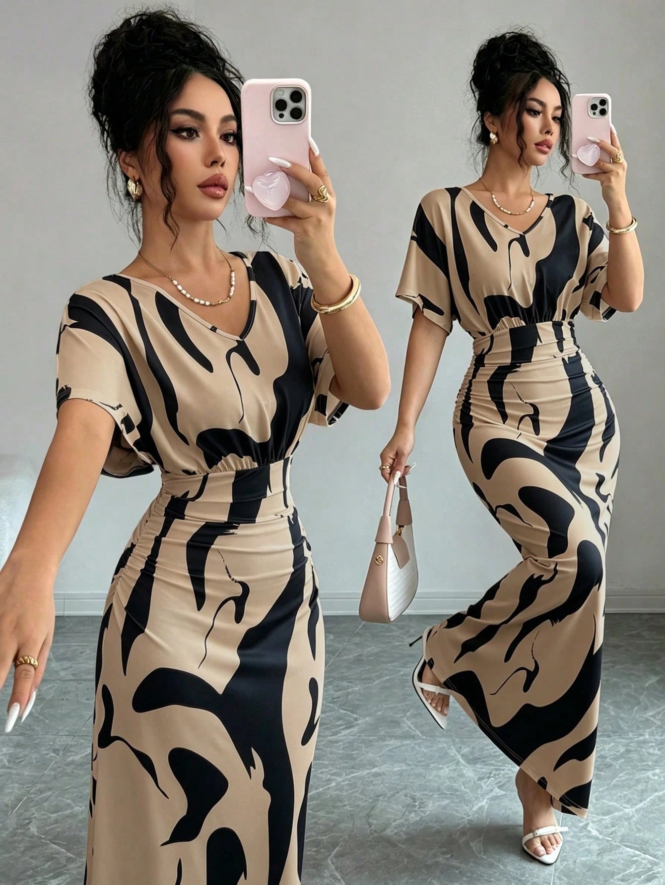 Elenzga Women's Fashion Printed V-Neck Short Sleeve Ruched Waist