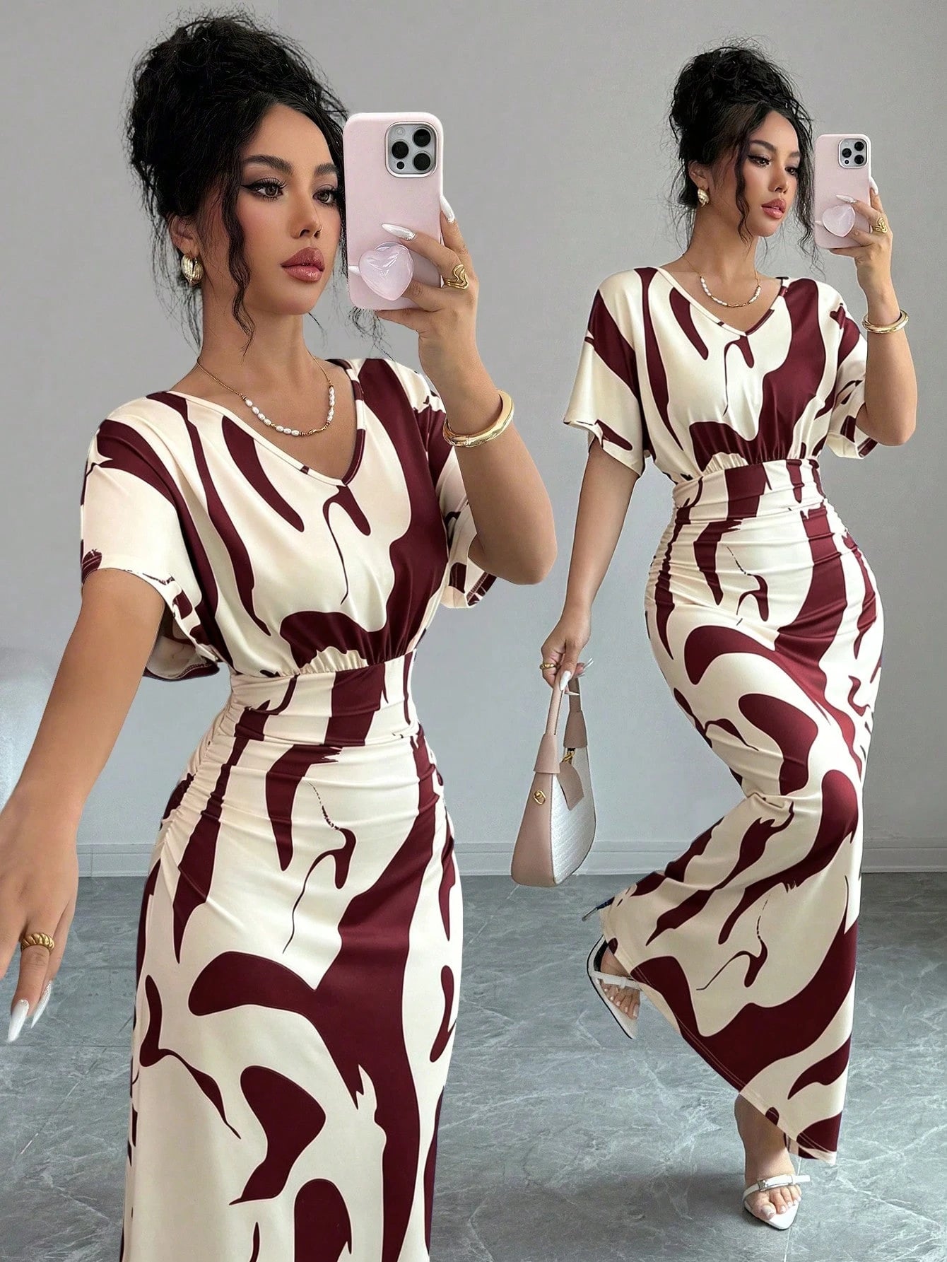 Elenzga Women's Fashion Printed V-Neck Short Sleeve Ruched Waist