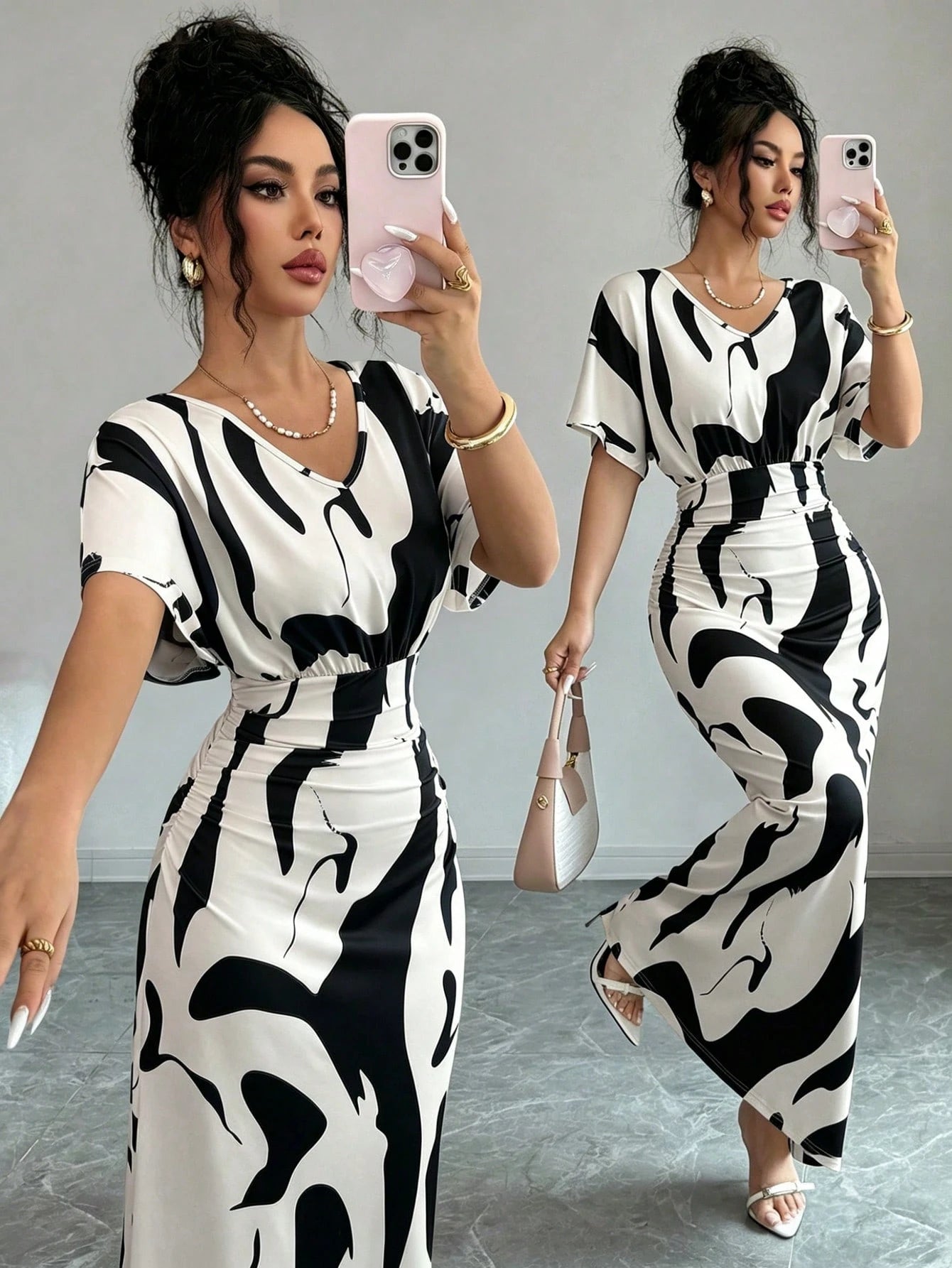 Elenzga Women's Fashion Printed V-Neck Short Sleeve Ruched Waist