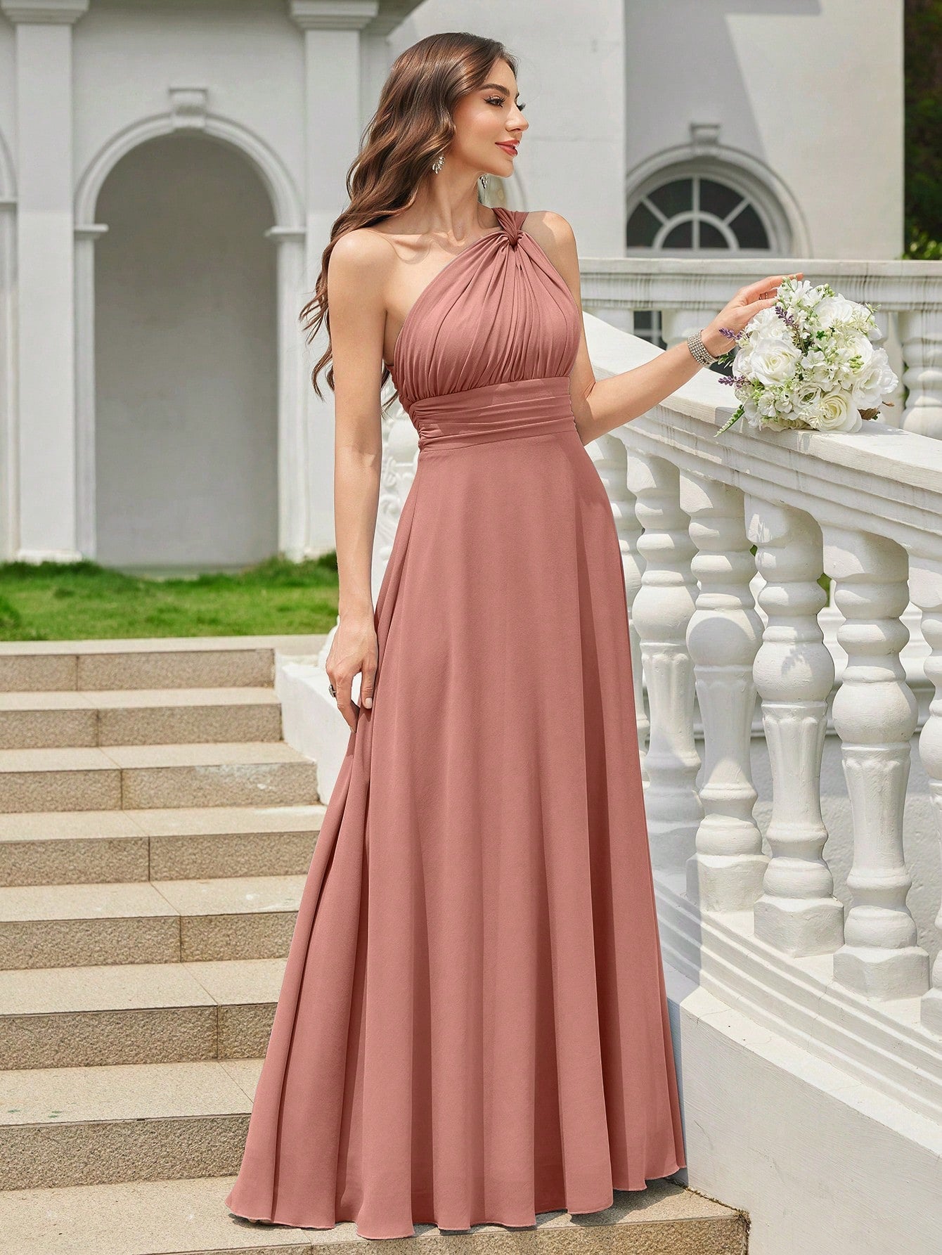 Volly Toych Light Pink Pleated A-Line Chiffon Dress, Elegant Flared