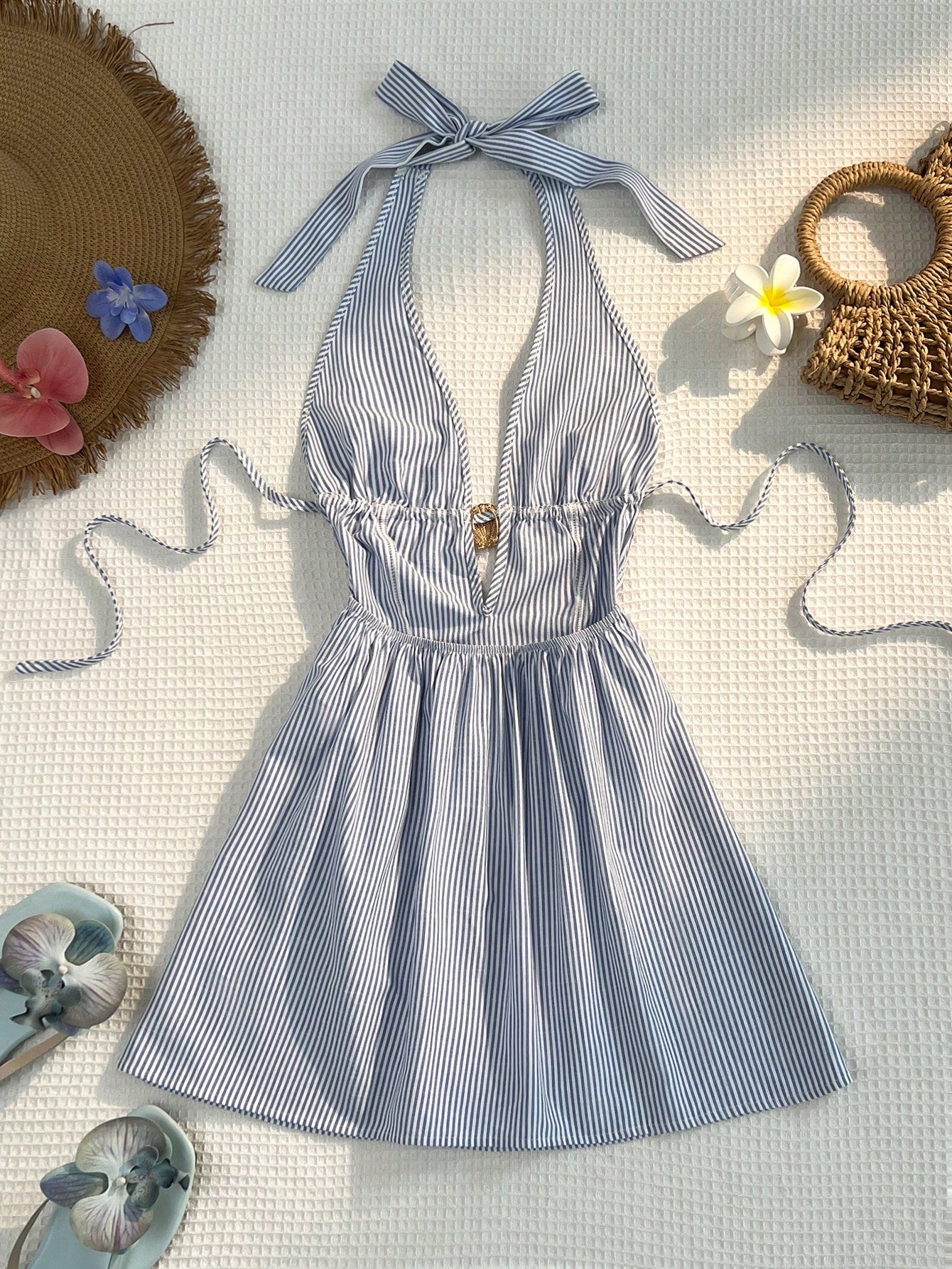 Sunnyshic Women Blue And White Stripe Bamboo Fiber Deep V Halter