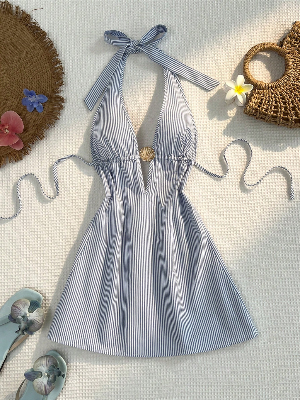 Sunnyshic Women Blue And White Stripe Bamboo Fiber Deep V Halter