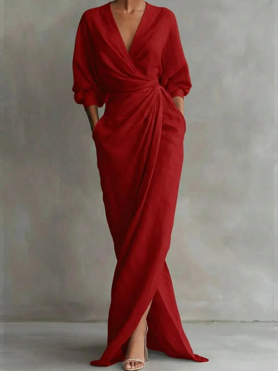 2026 New Solid V Neck Long Sleeve Dress Women Split Hem Waist Slim
