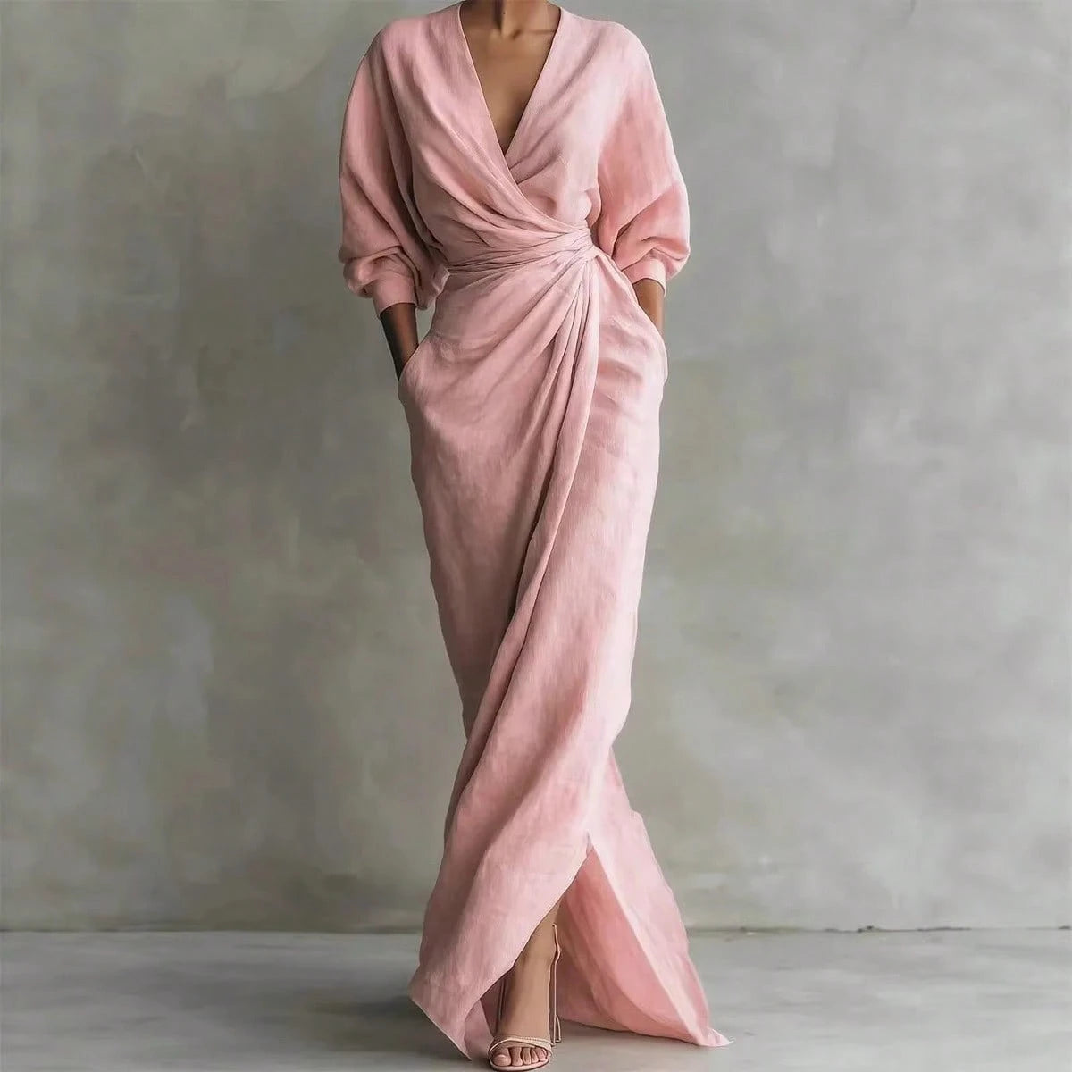 2026 New Solid V Neck Long Sleeve Dress Women Split Hem Waist Slim